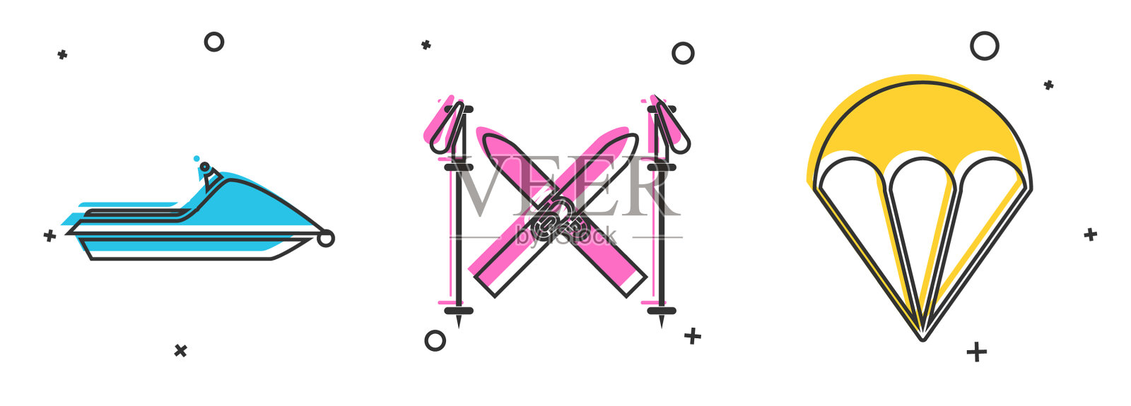 设置水上滑雪板,棍棒和降落伞图标图标素材