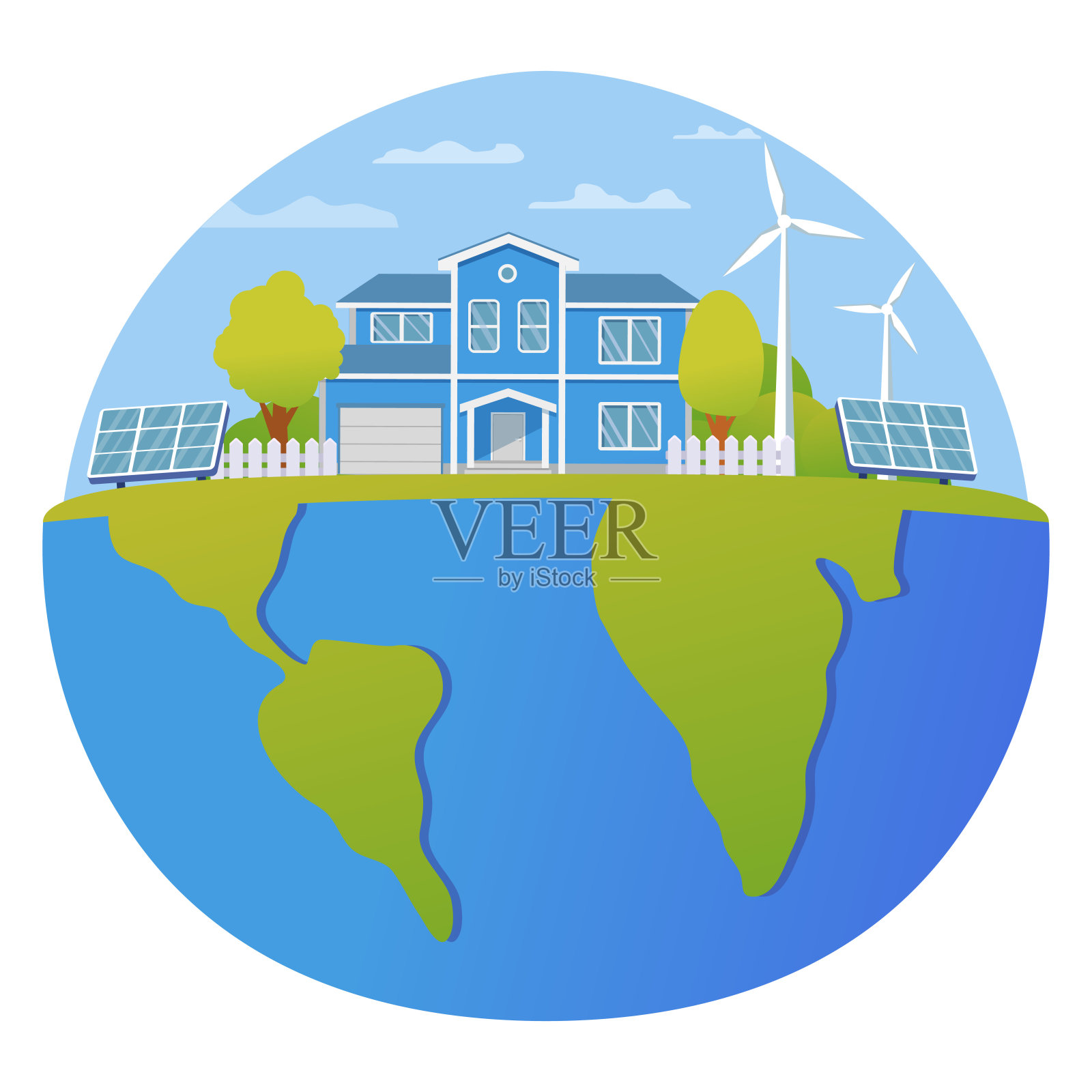 生态能源可再生房屋。太阳能,风能。插画图片素材