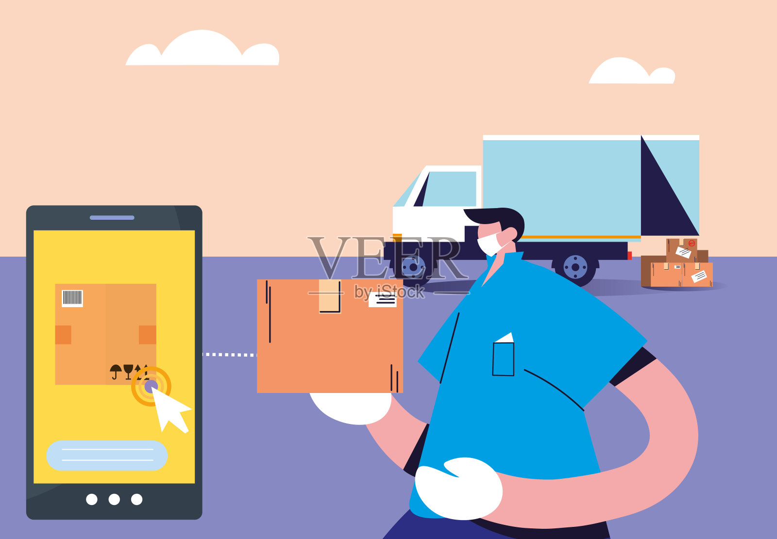 信使和卡车载着包裹在城市里安全通行插画图片素材