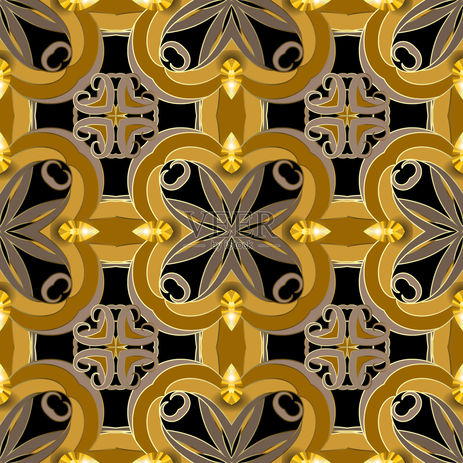 珠宝复古3d矢量无缝模式。装饰性的蔓藤花纹背景。金花优雅点缀,配花、叶、黄色宝石。3 d壁纸。奢华华丽的重复设计。壁纸插画图片素材