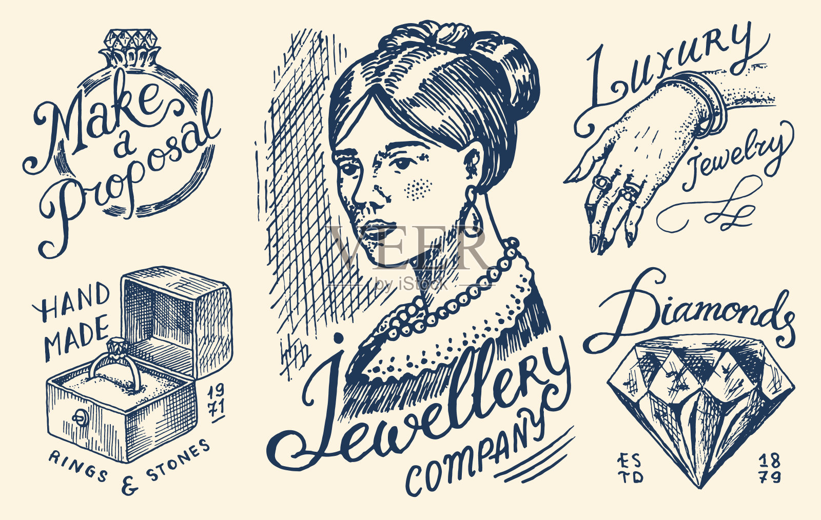 女性珠宝商店徽章和标志集。奢侈饰品,结婚戒指,维多利亚女性和耳环。手镯。复古的印刷或招牌模板。雕刻画素描插画图片素材
