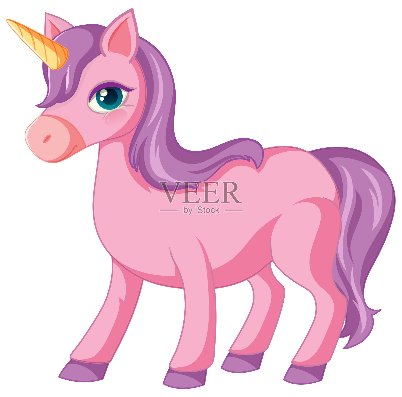 可爱的紫色独角兽站在白色的背景上插画图片素材