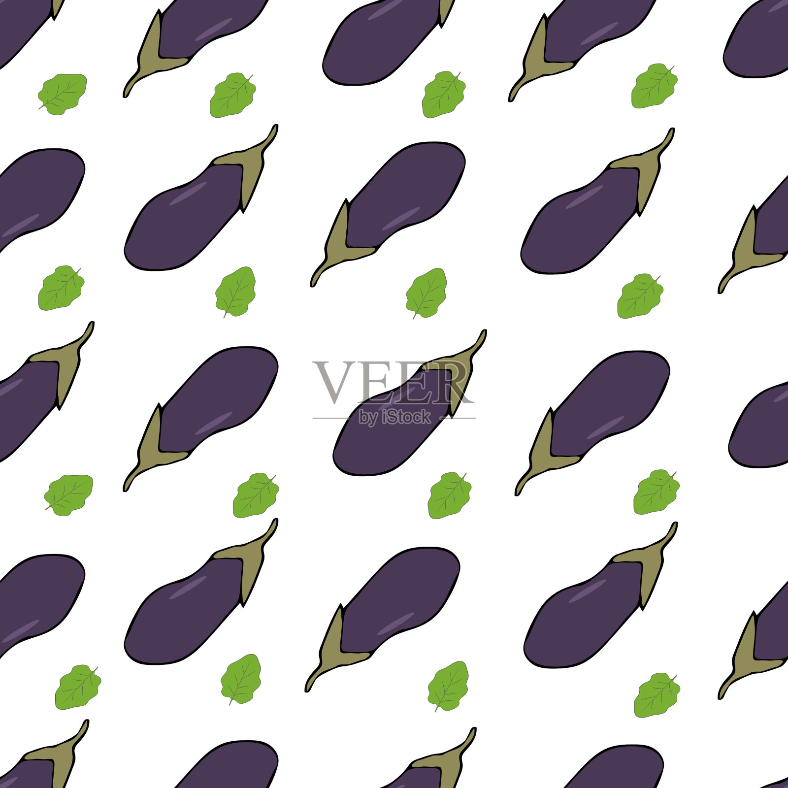 茄子与叶在白色的背景无缝图案。用于织物,墙纸,印刷,网站,封面。插画图片素材