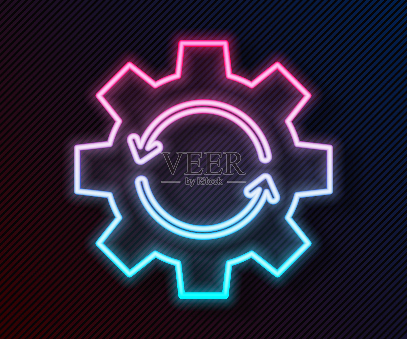 发光的霓虹灯线齿轮和箭头作为工作流概念图标孤立在黑色的背景。齿轮重载的迹象。矢量图插画图片素材