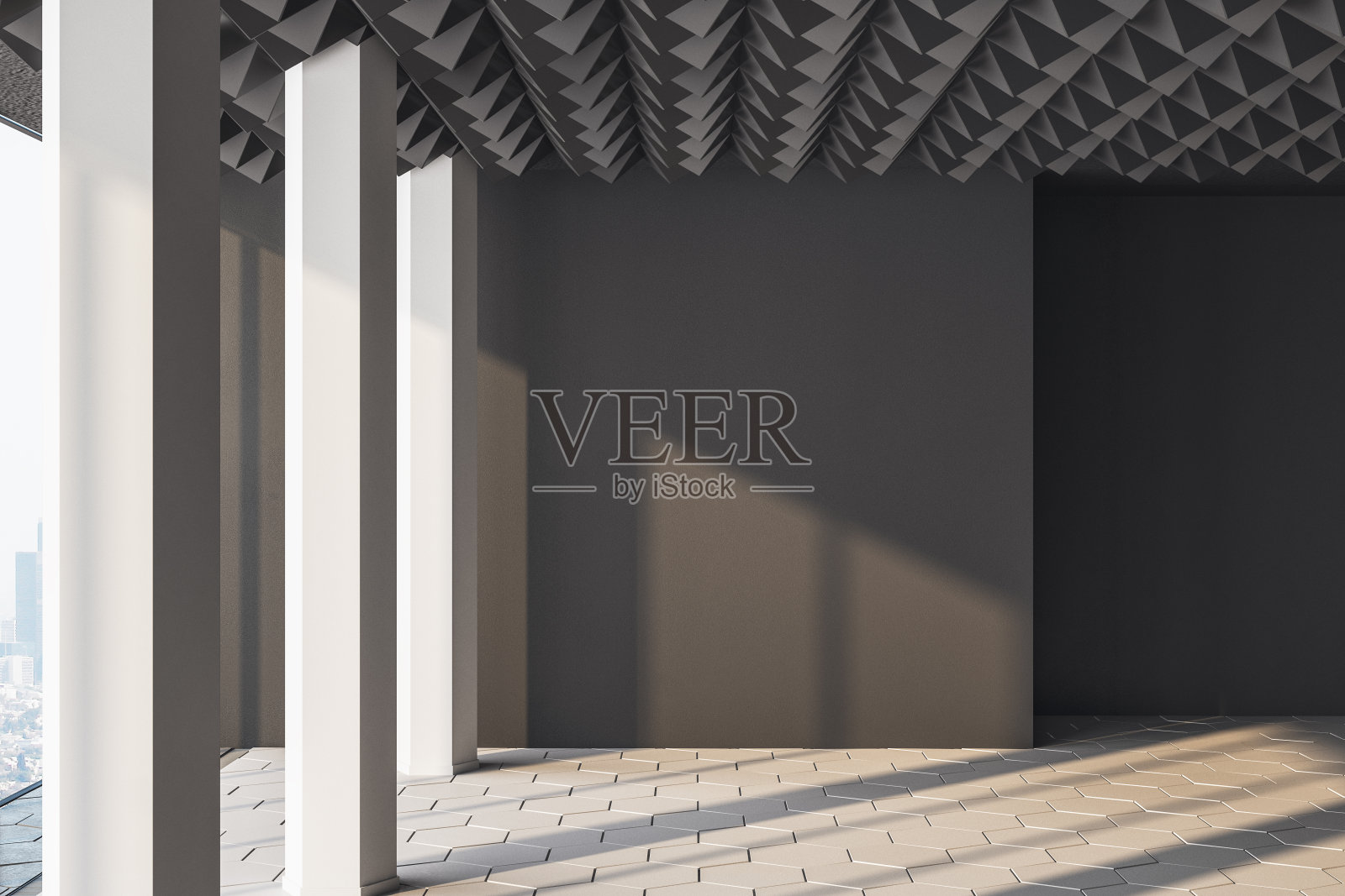 简约的混凝土室内与空白的绿色墙壁。照片摄影图片