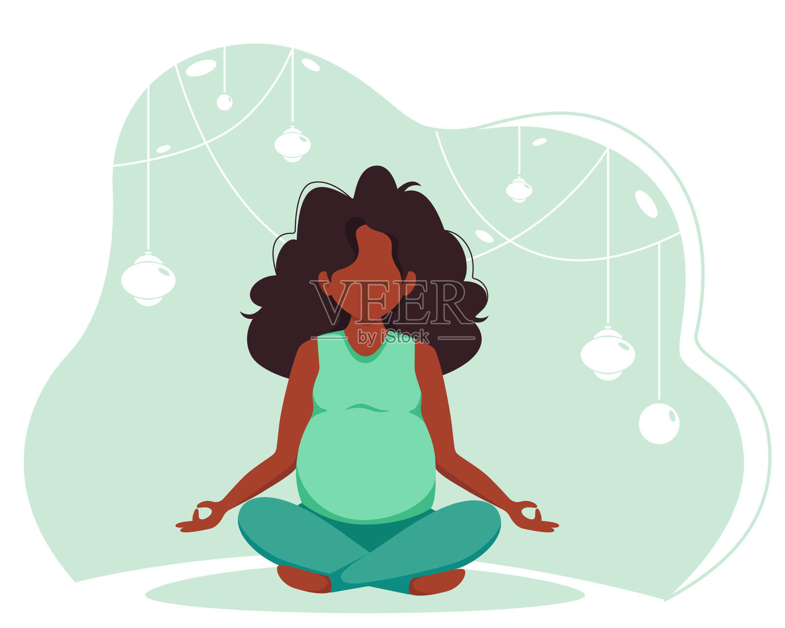 在家练习瑜伽的黑人孕妇,孕期健康概念扁平风格矢量插画插画图片素材