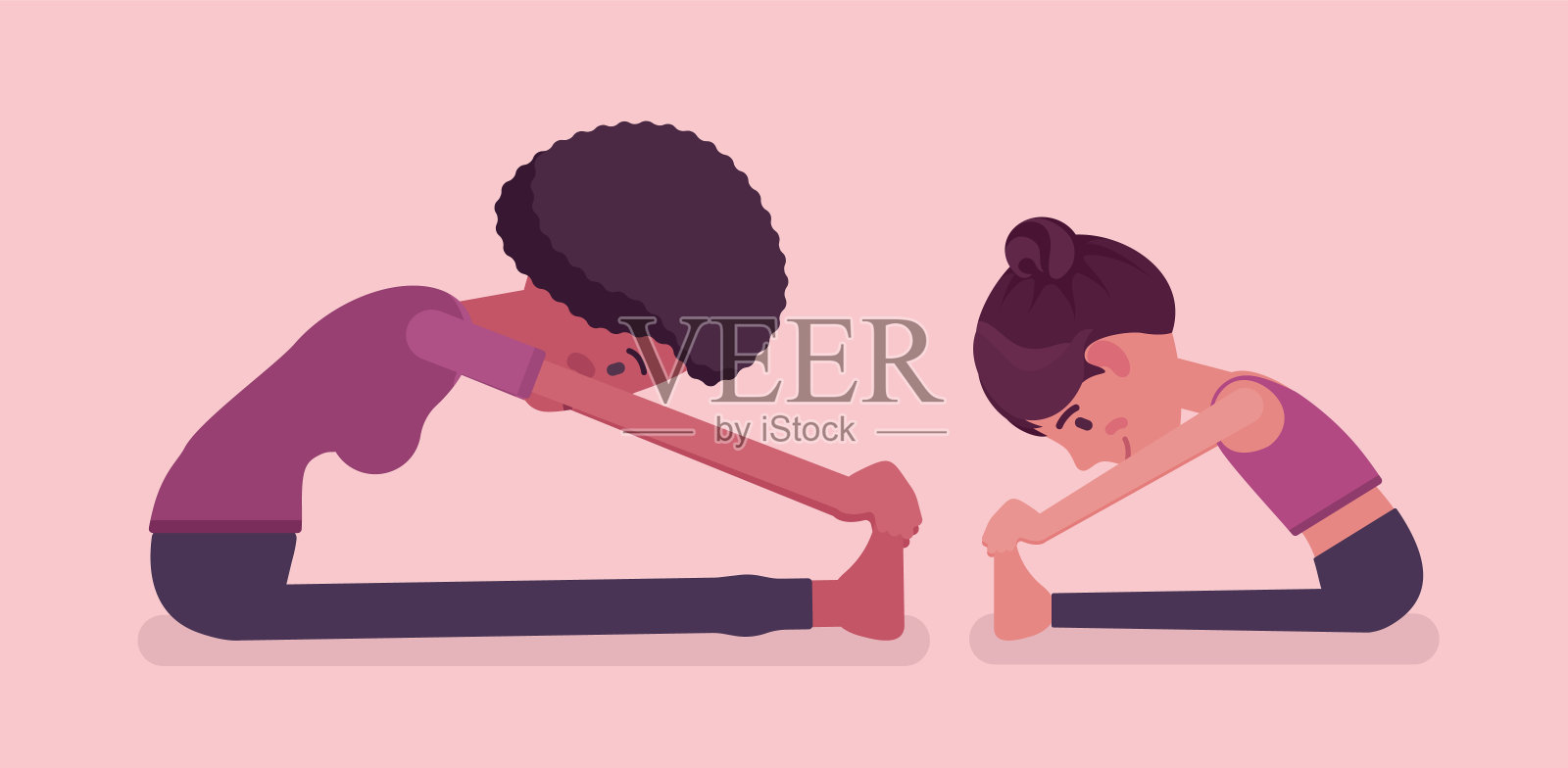 家庭瑜伽,黑人瑜伽母亲,女儿穿着运动服练习插画图片素材