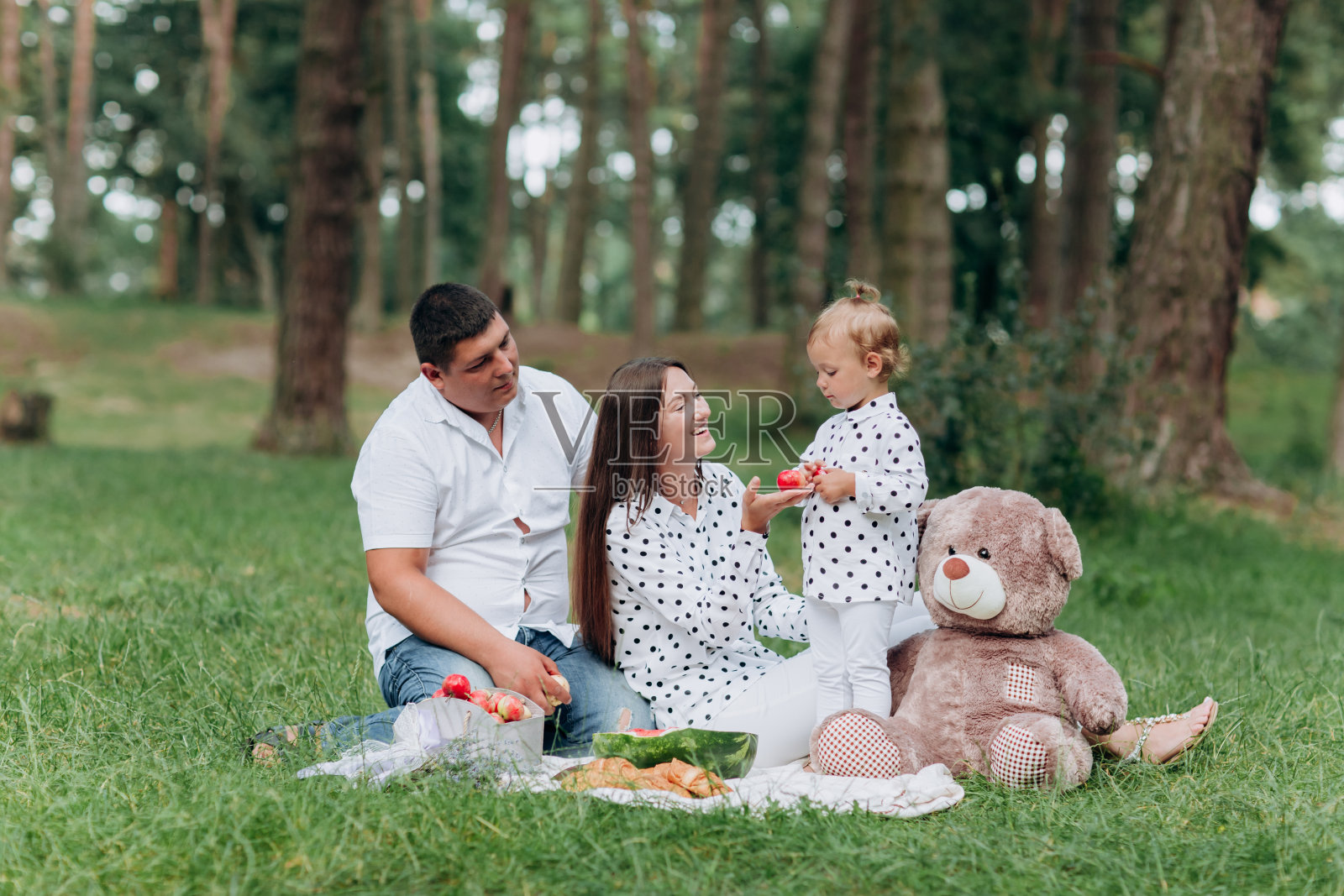 家庭野餐。妈妈,爸爸和小女儿坐在公园里的毯子上。暑假的概念。母亲节,父亲节,宝宝节。花时间在一起。家人看照片摄影图片