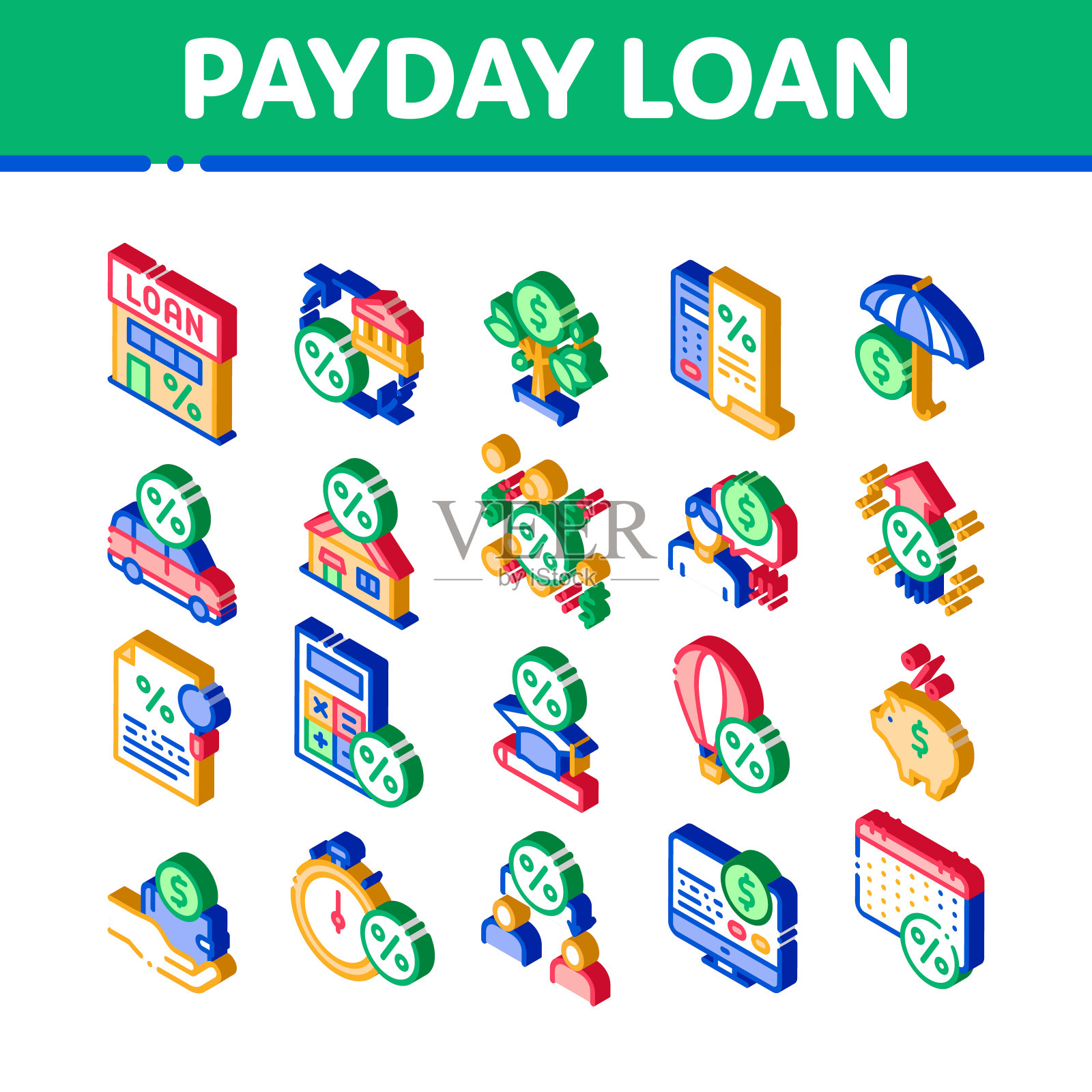 发薪日贷款等距元素图标设置向量插画图片素材
