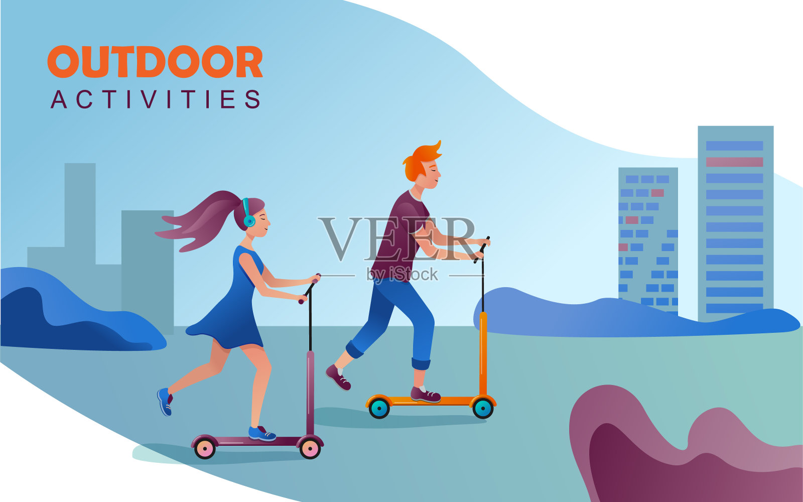 一对夫妇在城市里骑摩托车。户外活动插画图片素材