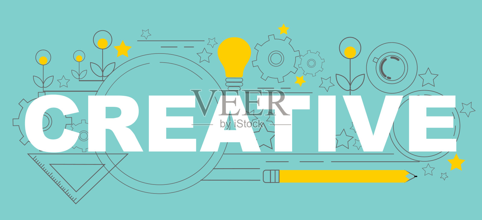 带有“创意”字样和创新思维相关细线条图标的蓝色背景矢量插画插画图片素材