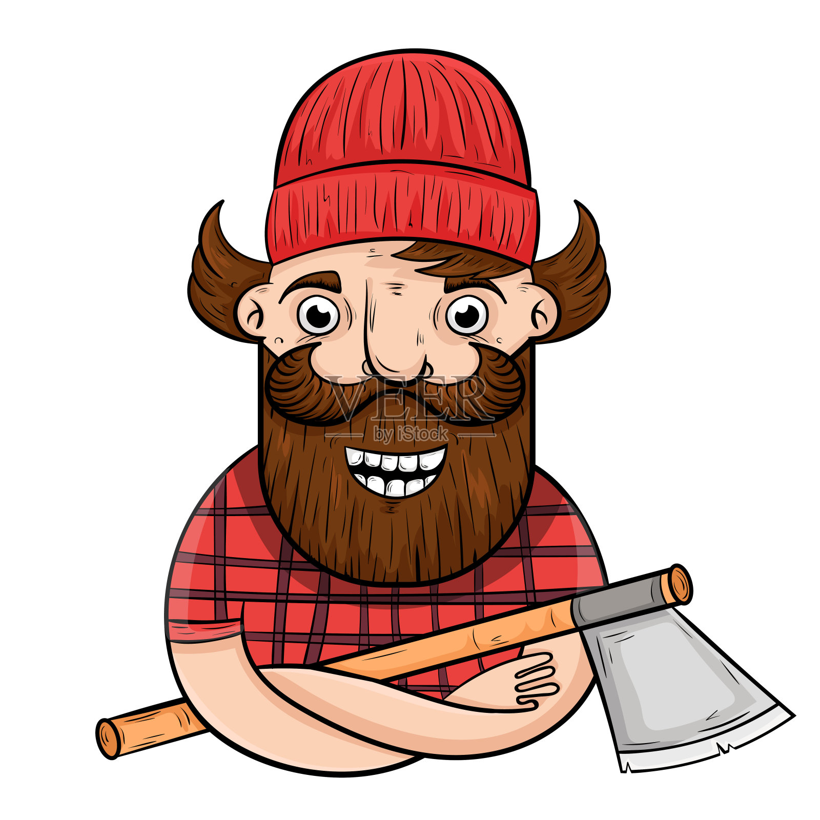 一顶红帽子和一件衬衫,一个愉快的胡子伐木者,矢量插图在白色的背景。设计元素图片