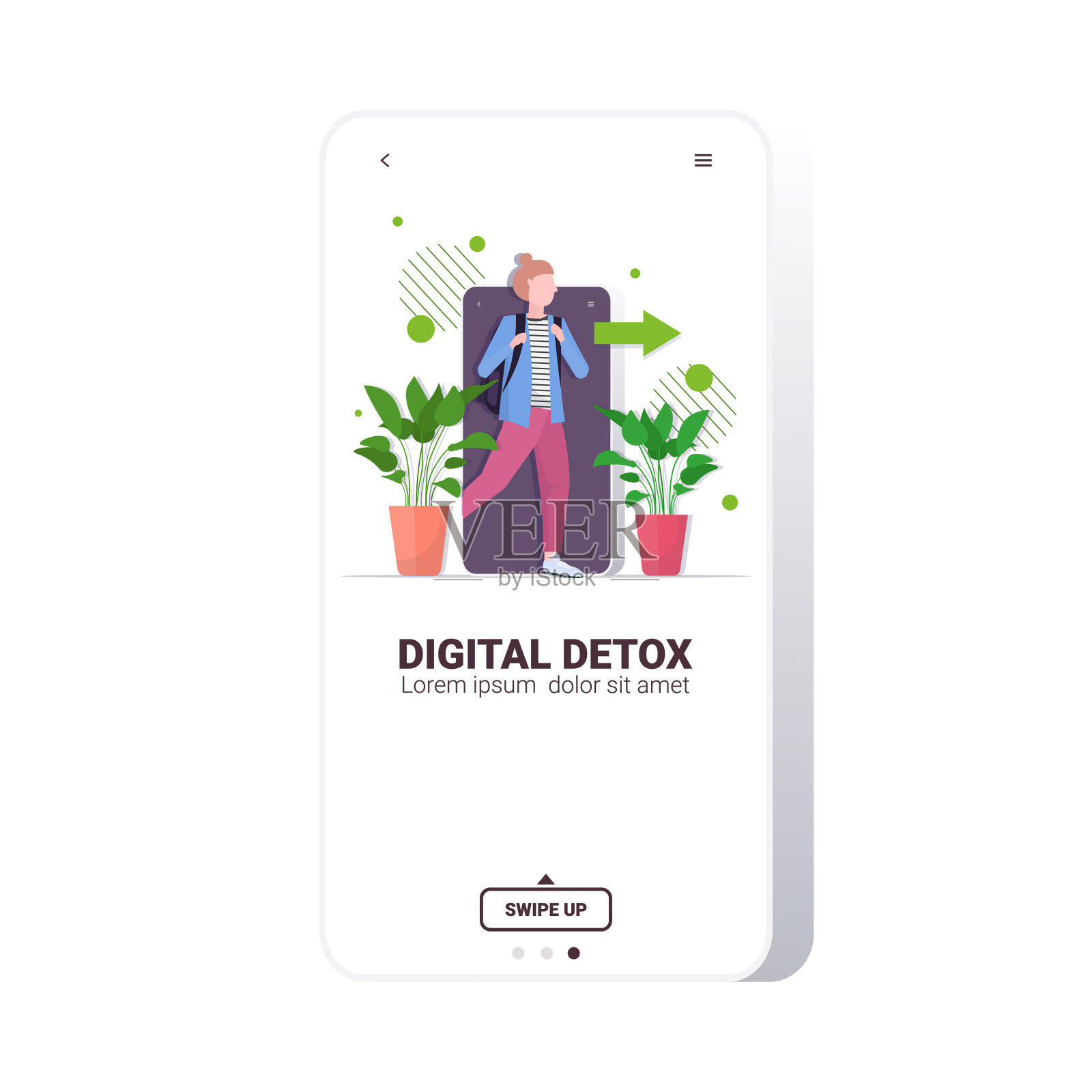 女人走出手机数码排毒的概念,逃离数码瘾的女孩插画图片素材