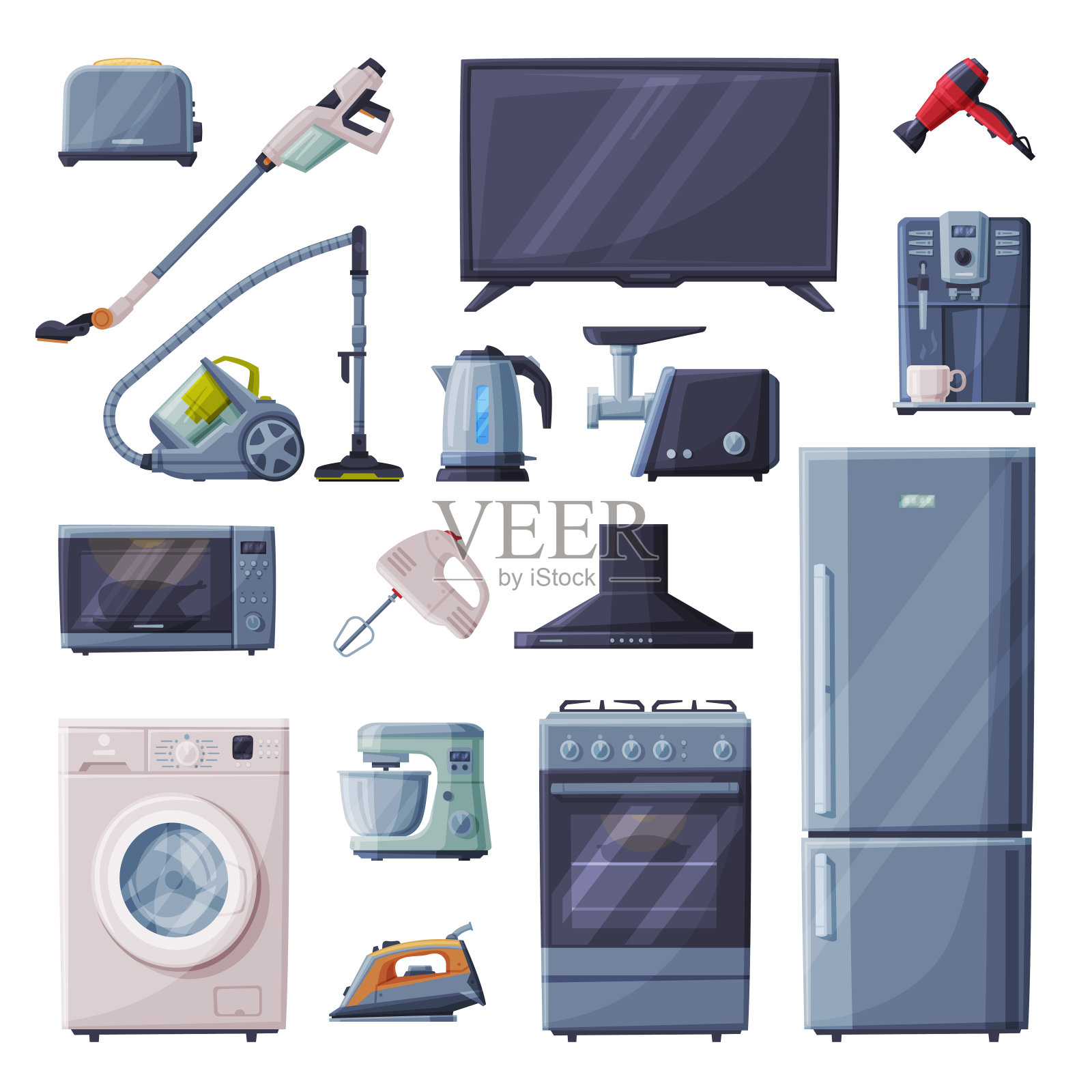采购产品家用电器,烤面包机,真空吸尘器,电视,电吹风,咖啡机,微波炉,灶具罩,绞肉机,食物搅拌机插画图片素材