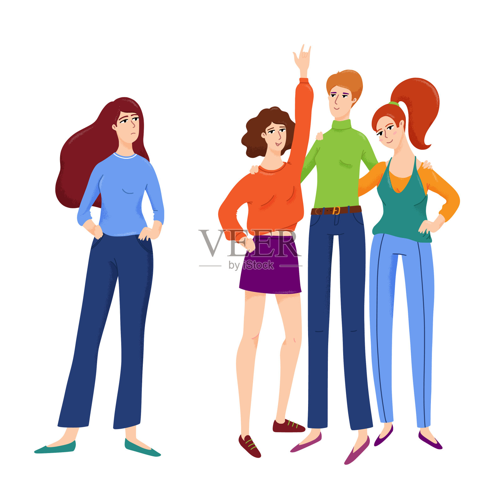 一群朋友拥抱,一个女人独自站着插画图片素材