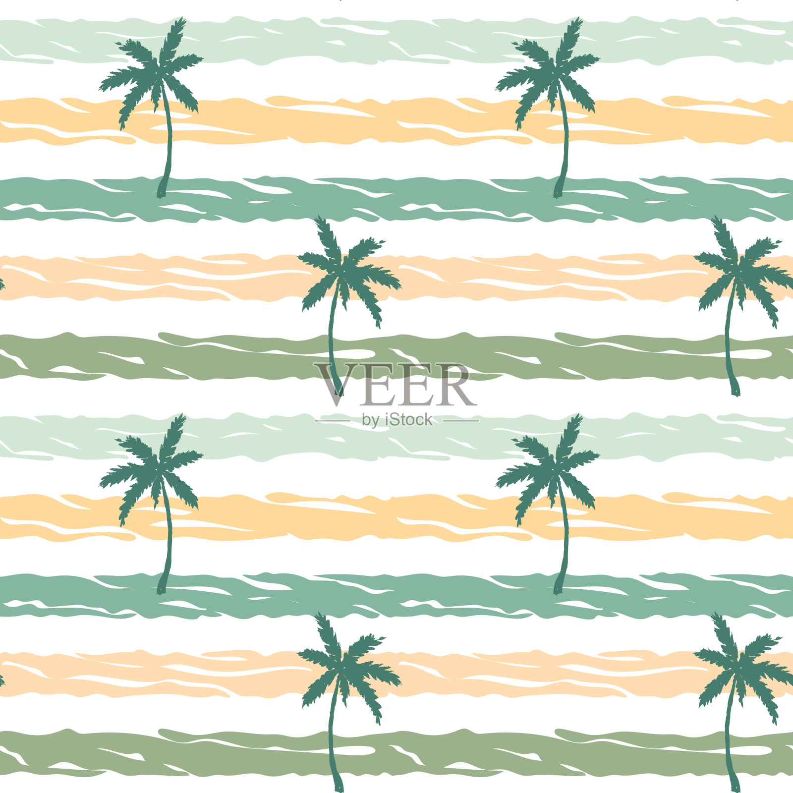 手绘条纹夏季无缝图案手绘棕榈树。矢量图插画图片素材