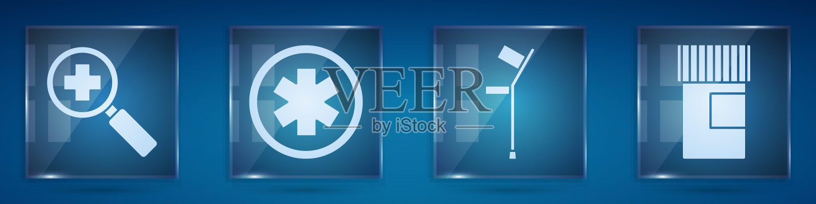 设置放大镜搜索医疗,医疗符号的紧急,拐杖或拐杖和药瓶。方形玻璃面板。向量图标素材