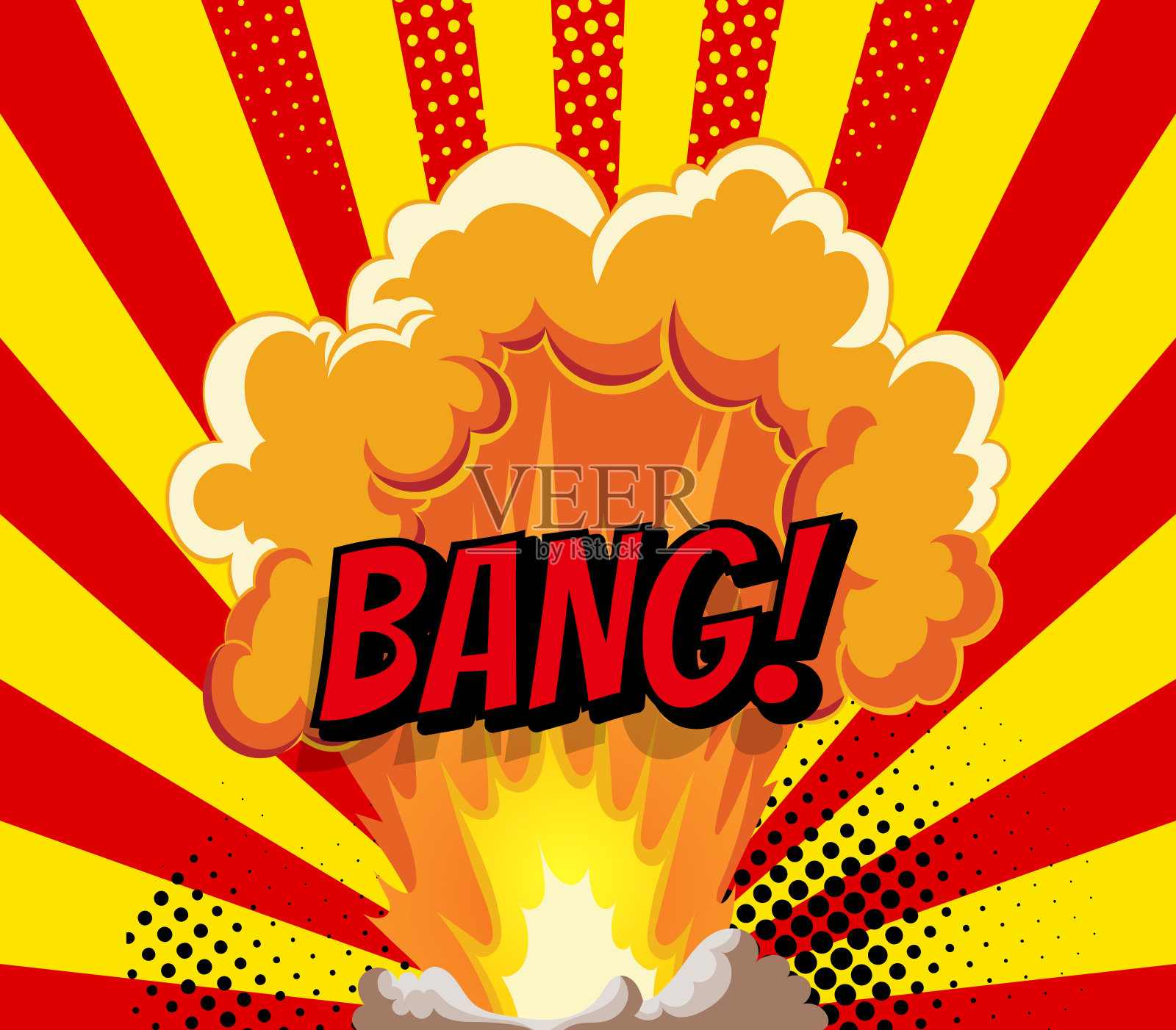 卡通爆炸与烟雾效果。复古热潮旗帜。漫画书爆炸爆炸在阳光条纹背景插画图片素材