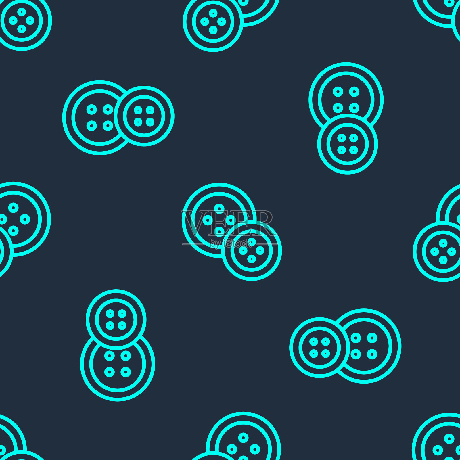 绿色线缝纫按钮的衣服图标隔离无缝模式上的蓝色背景。服装按钮。矢量图插画图片素材