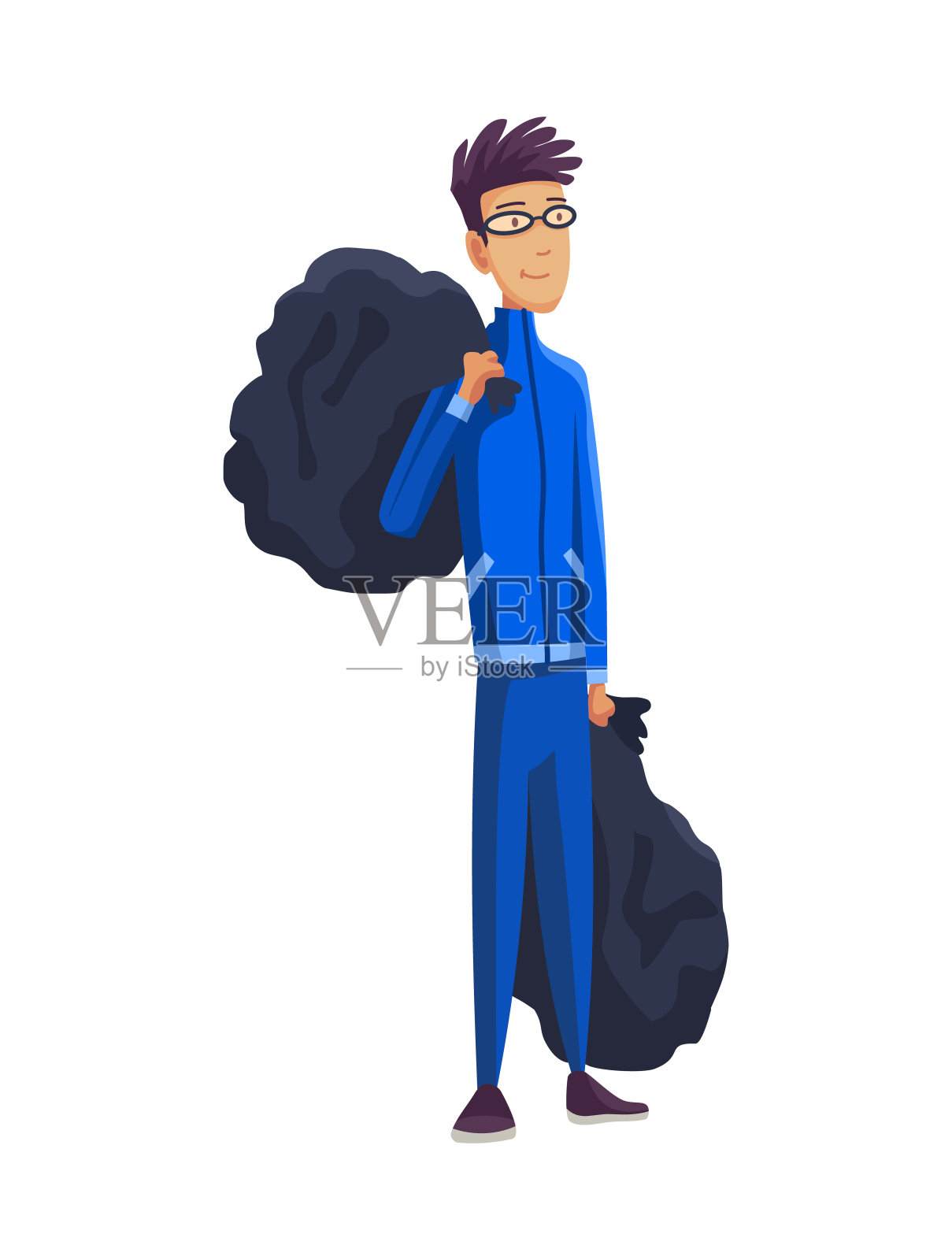 有两个包裹的年轻人。垃圾收集。志愿者收集垃圾。塑料污染意识,环保和生态主题设计插画图片素材