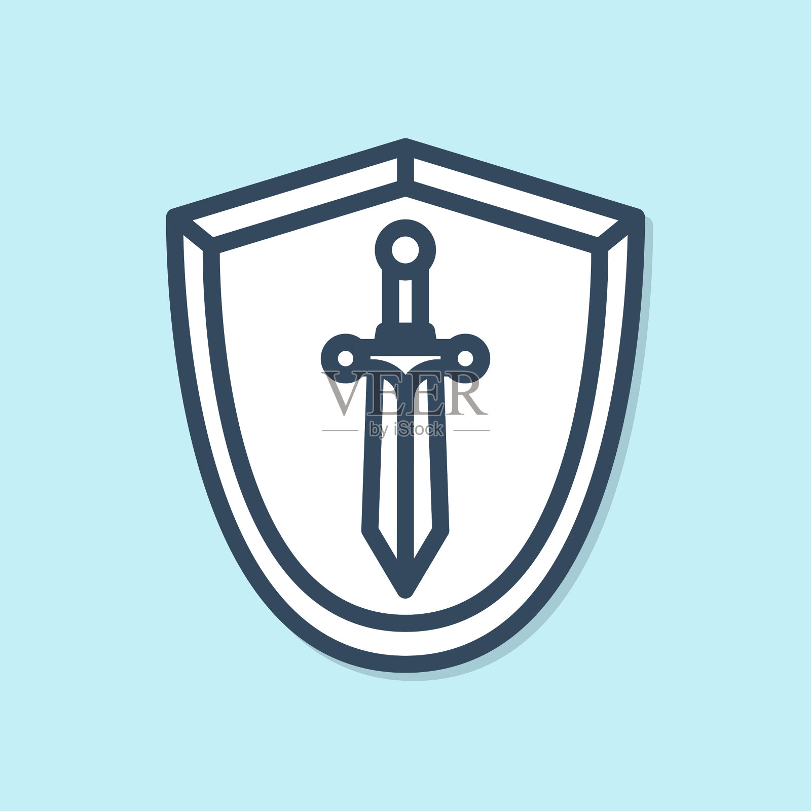 蓝线中世纪盾牌与剑图标孤立插画图片素材