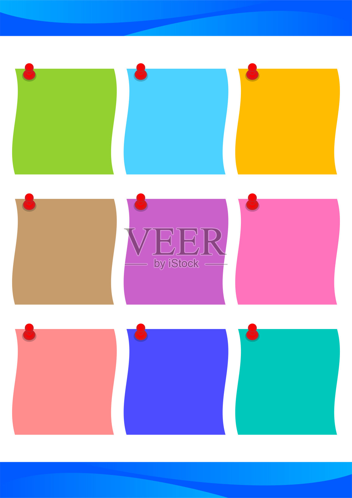 模板a4纸便条彩色的信息,纸张贴空白和粘贴针的复制空间提醒,空白纸便条孤立在白色的四个大小和垂直的正方形插画图片素材