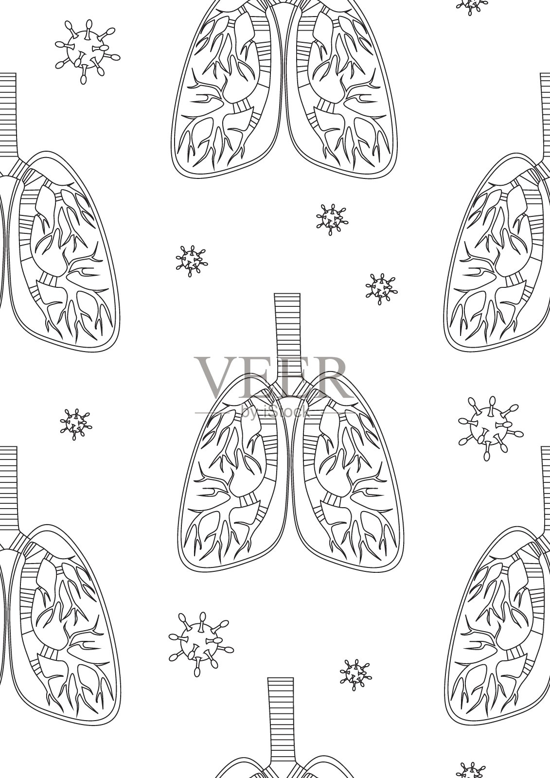 无缝模式与支气管或肺部和病毒,大纲矢量股票矢量插图或着色页作为概念流感危害呼吸系统插画图片素材