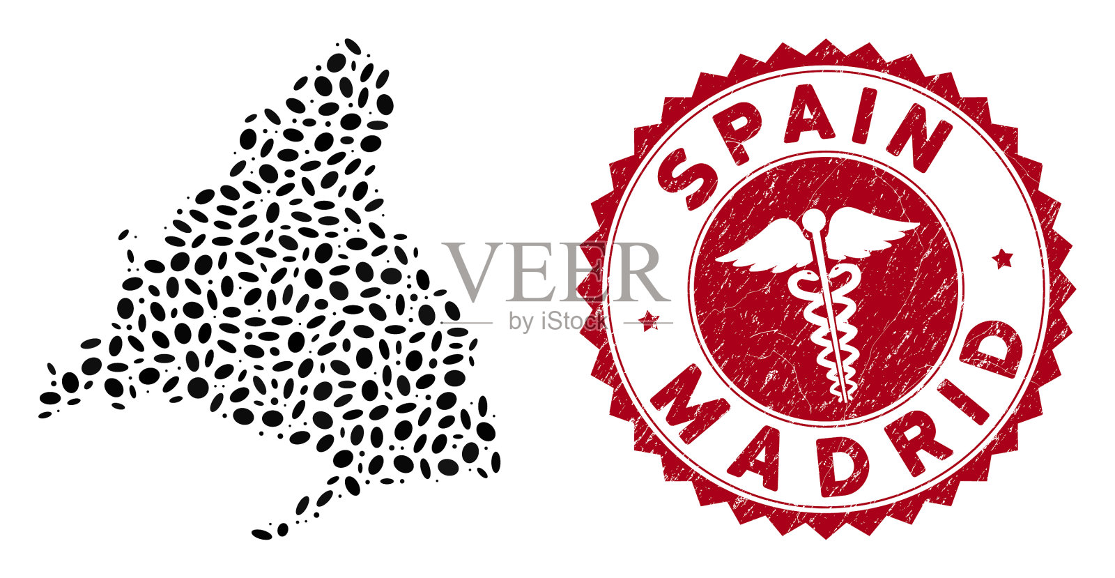 马赛克马德里省地图与擦伤的诊所插画图片素材