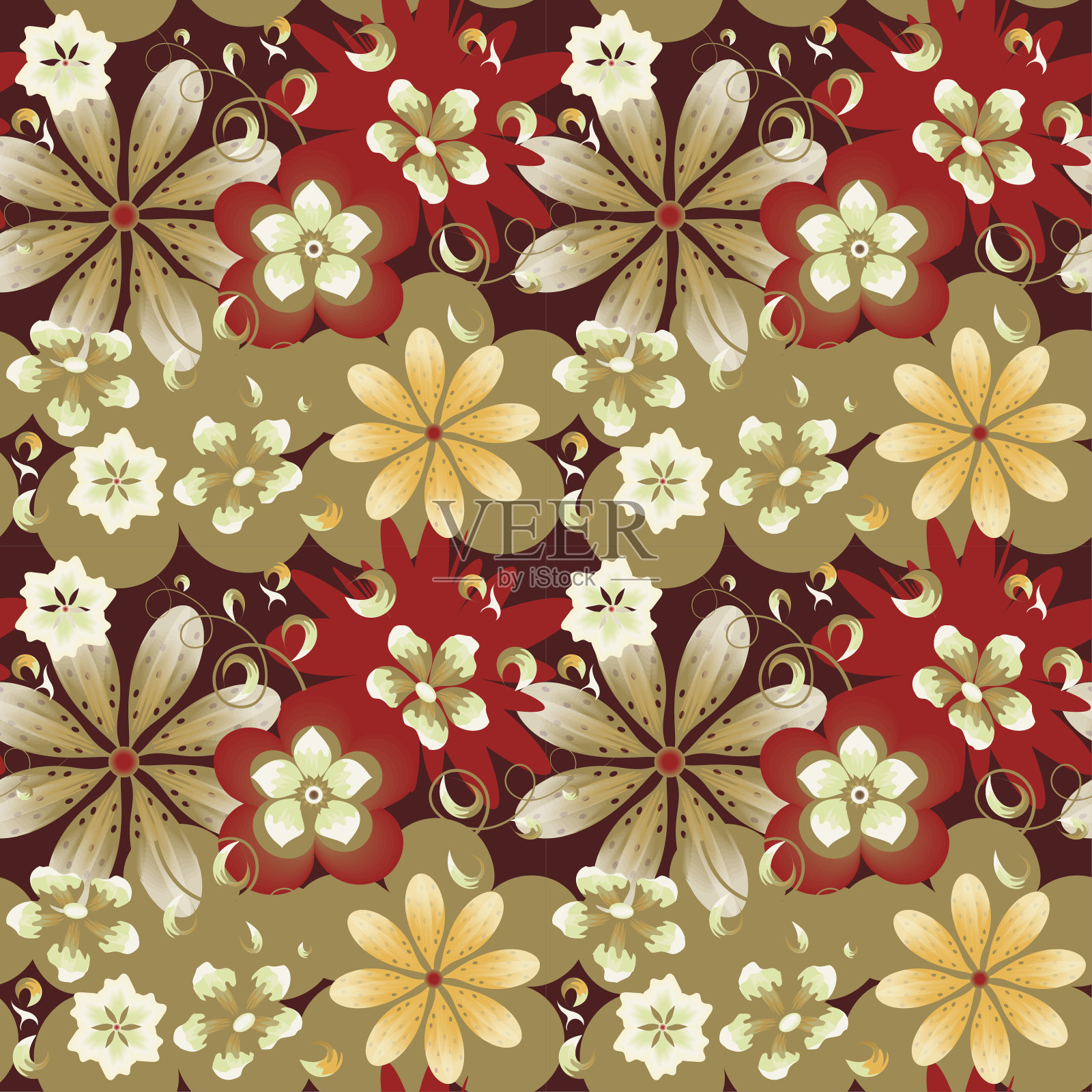 矢量无缝明亮的红棕色花背景。彩色图案的装饰花和卷曲的面料设计,纺织品,秋季印花女装。插画图片素材