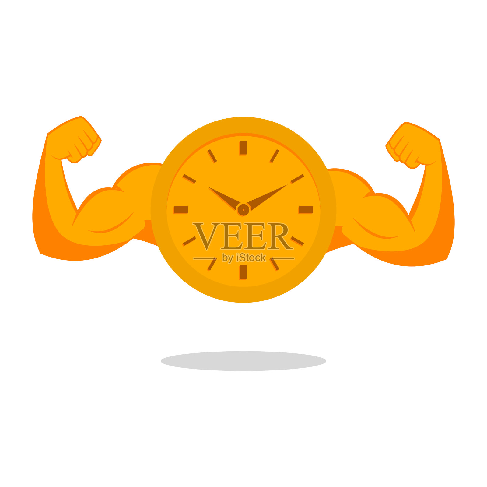 时钟和男性的手臂有弯曲的二头肌。健身房的时间。插画图片素材