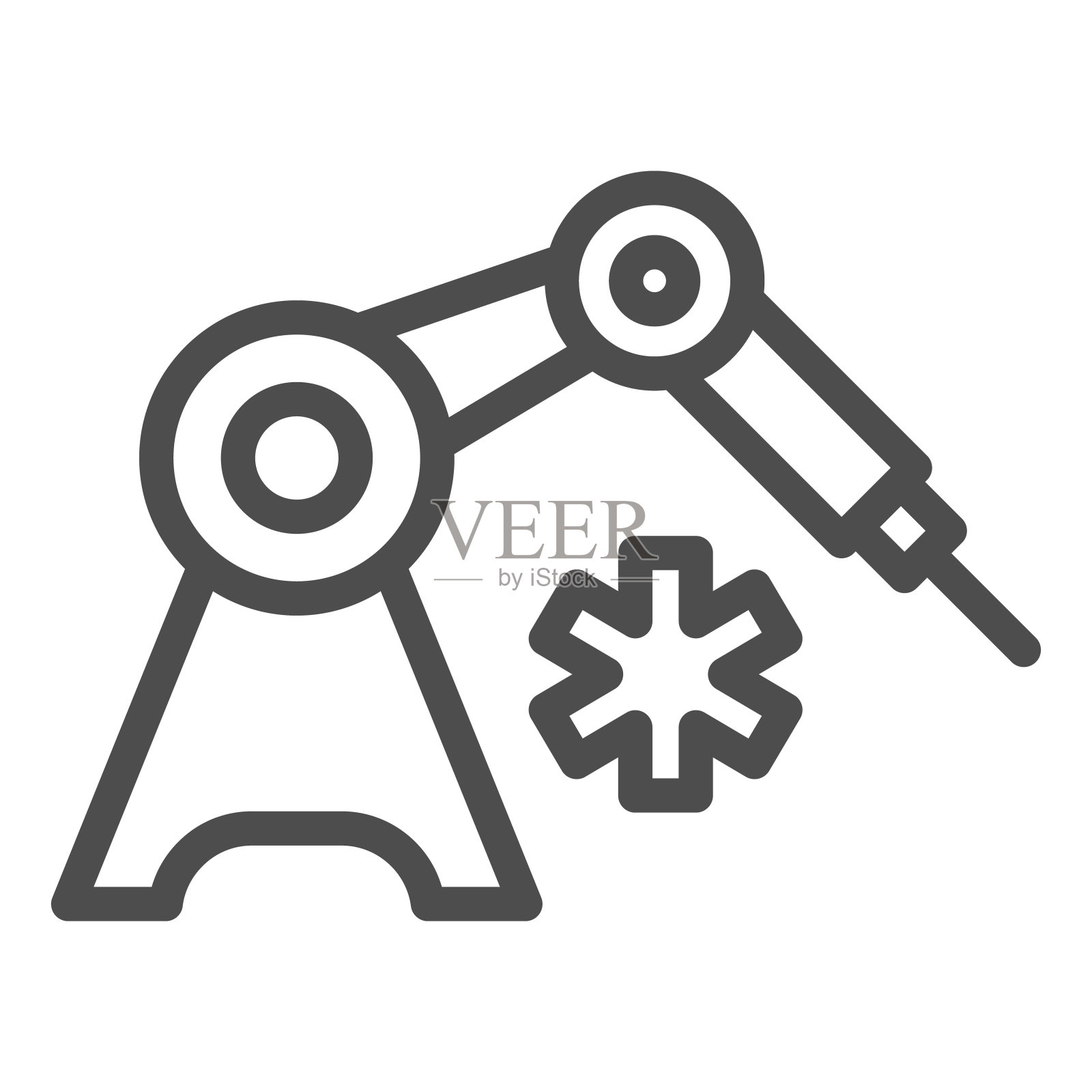 医疗机器人和生命之星图标,创新的医学概念,白色背景上的机器人手术工具标志,移动的医疗注射机器人轮廓风格图标。矢量图形。插画图片素材