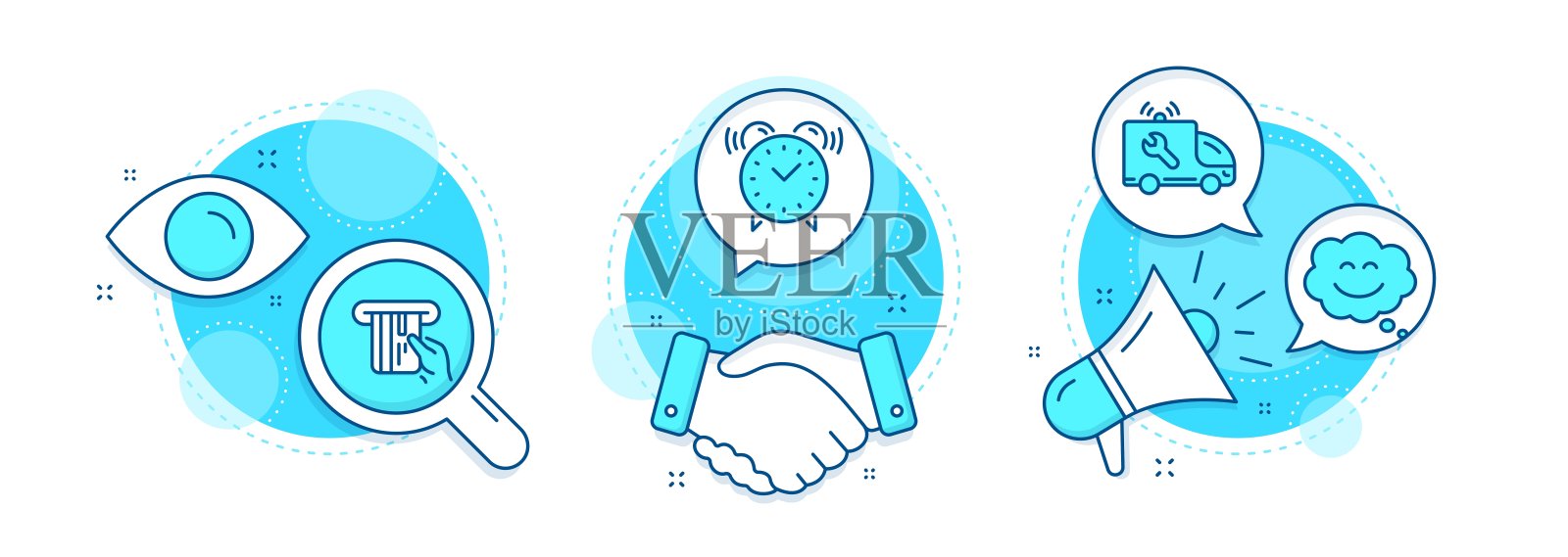 信用卡,汽车服务和闹钟图标设置。微笑聊天的迹象。自动取款机付款,维修服务,时间。向量插画图片素材