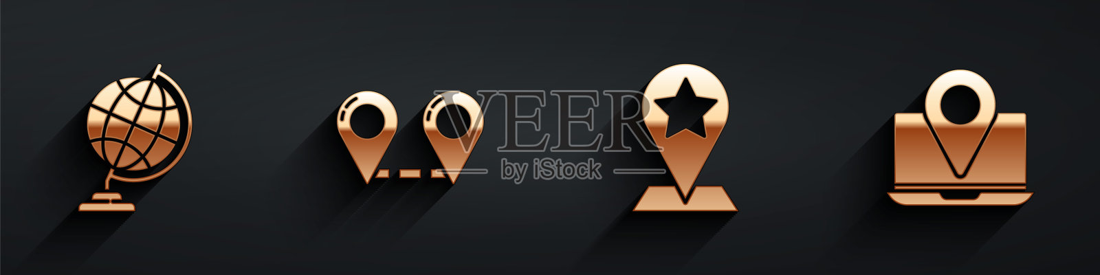 设置地球地球仪,路线位置,地图指针与星和笔记本电脑的位置标记图标与长阴影。向量图标素材