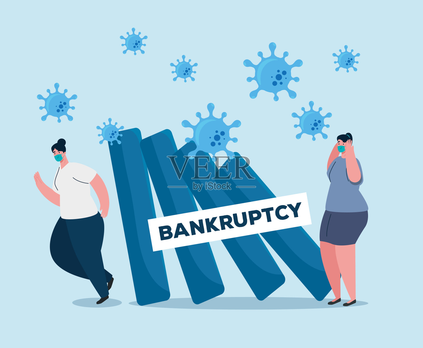 新冠疫情冲击经济崩溃概念(戴口罩的商务女性与统计数据、破产)插画图片素材
