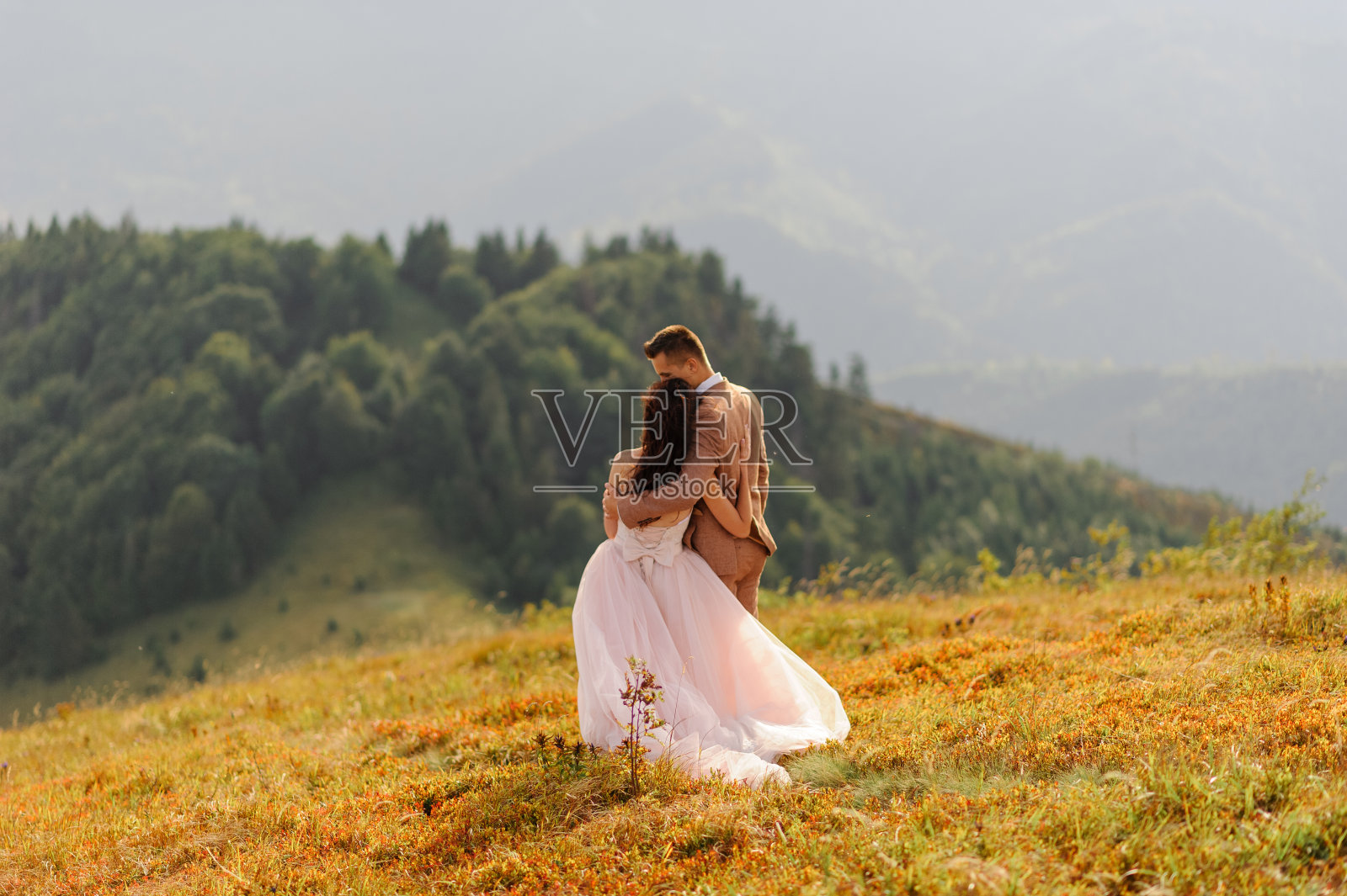 新娘和新郎用背站着拥抱。日落。以秋山为背景的婚纱照。强风使头发和衣服膨胀。照片摄影图片