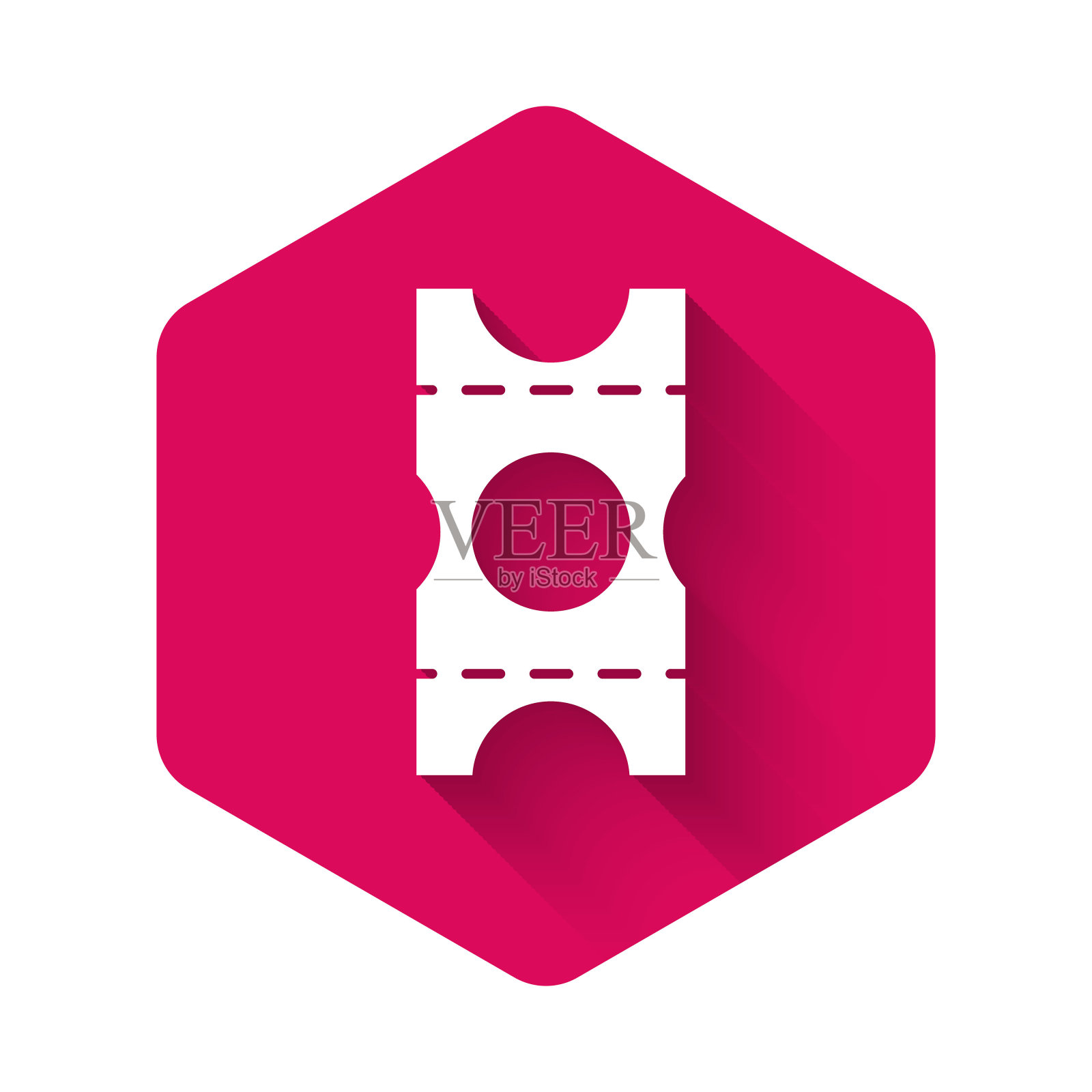 白色优惠券图标孤立与长影子。空的购物折扣标签。旗帜模板的折扣。粉红色的六角按钮。矢量图图标素材