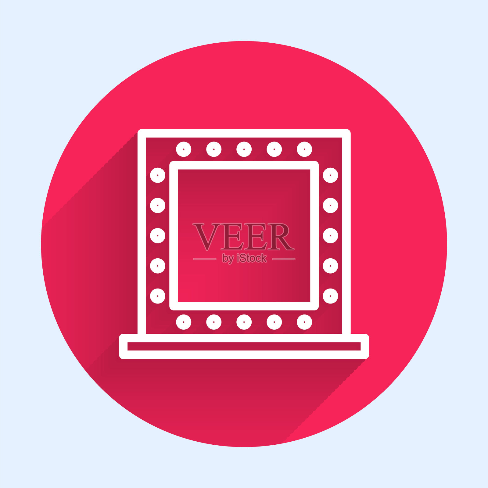 白色线化妆镜与灯图标孤立与长影子。红色圆圈按钮。矢量图插画图片素材