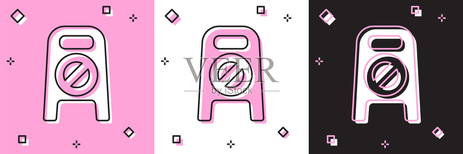 设置“湿地板和正在清洁中”图标隔离在粉红色和白色,黑色的背景上。清洁服务理念。矢量图插画图片素材