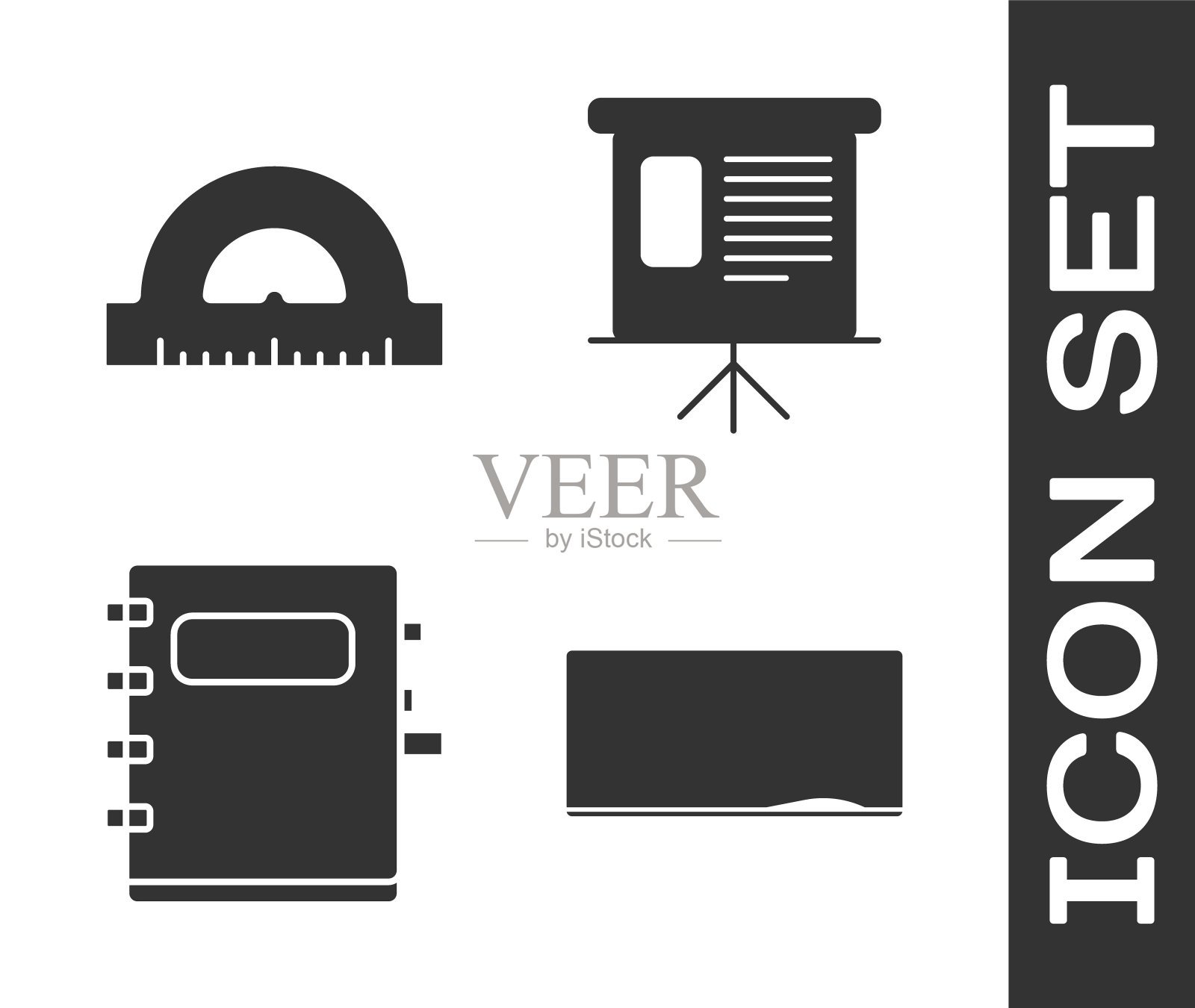 设置黑板,量角器网格测量度,笔记本和演示财务板与图形,时间表,图表,图表,信息图,饼图图标。向量图标素材