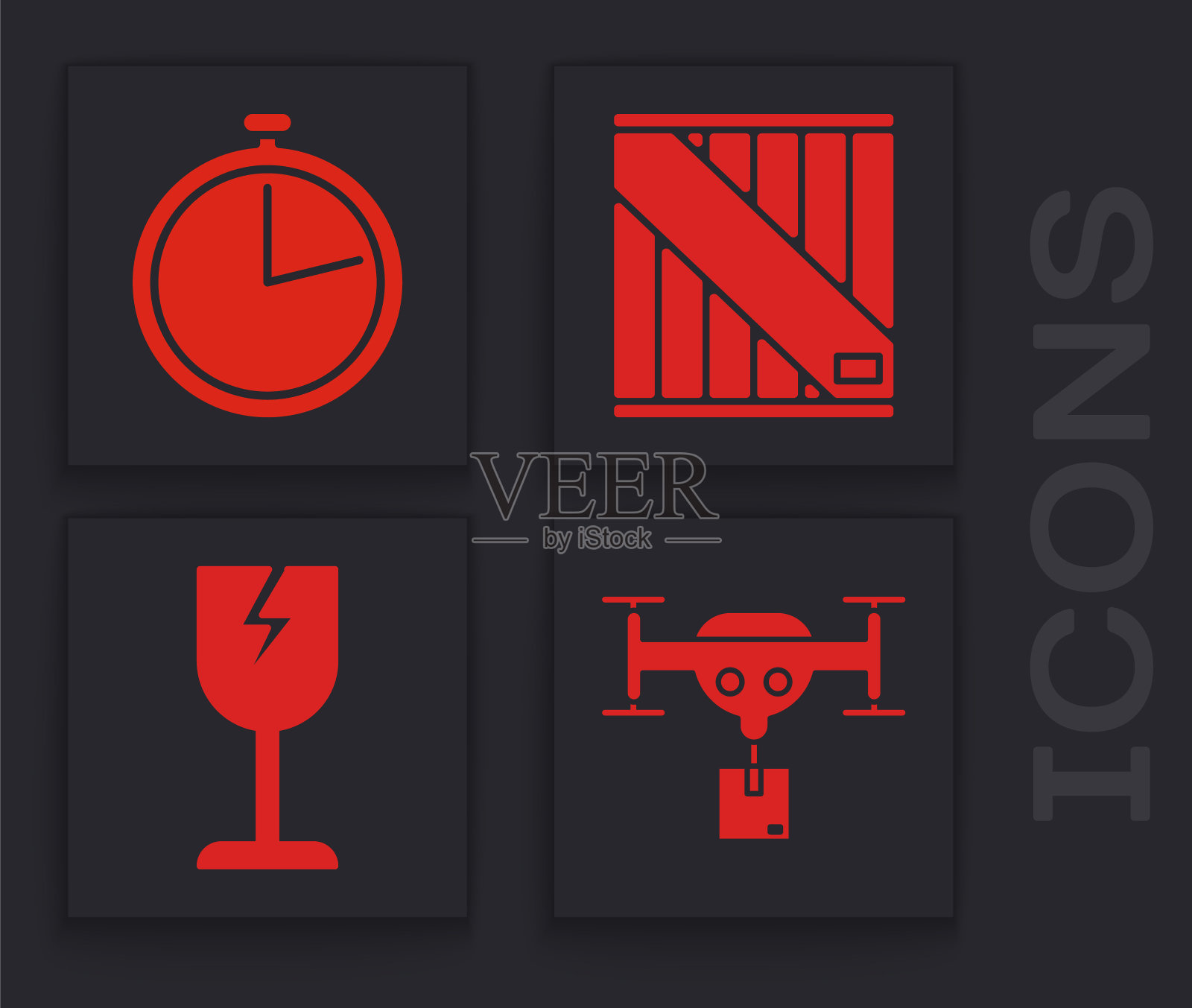设置送货无人机与包裹,秒表,木箱和易碎玻璃标志图标。向量图标素材