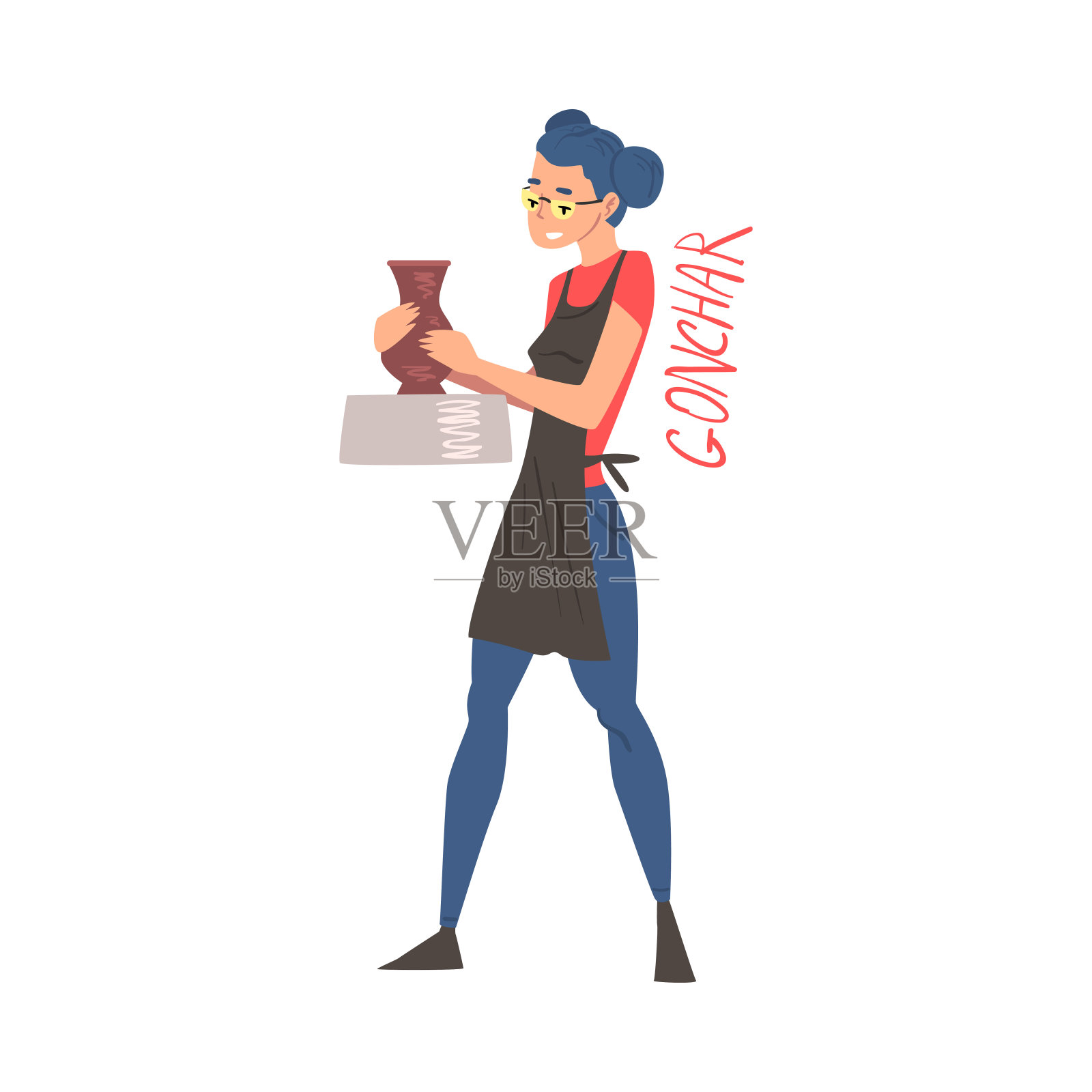 年轻女子陶艺家制作陶瓷壶,工艺创意爱好或职业卡通风格矢量插图在白色的背景插画图片素材