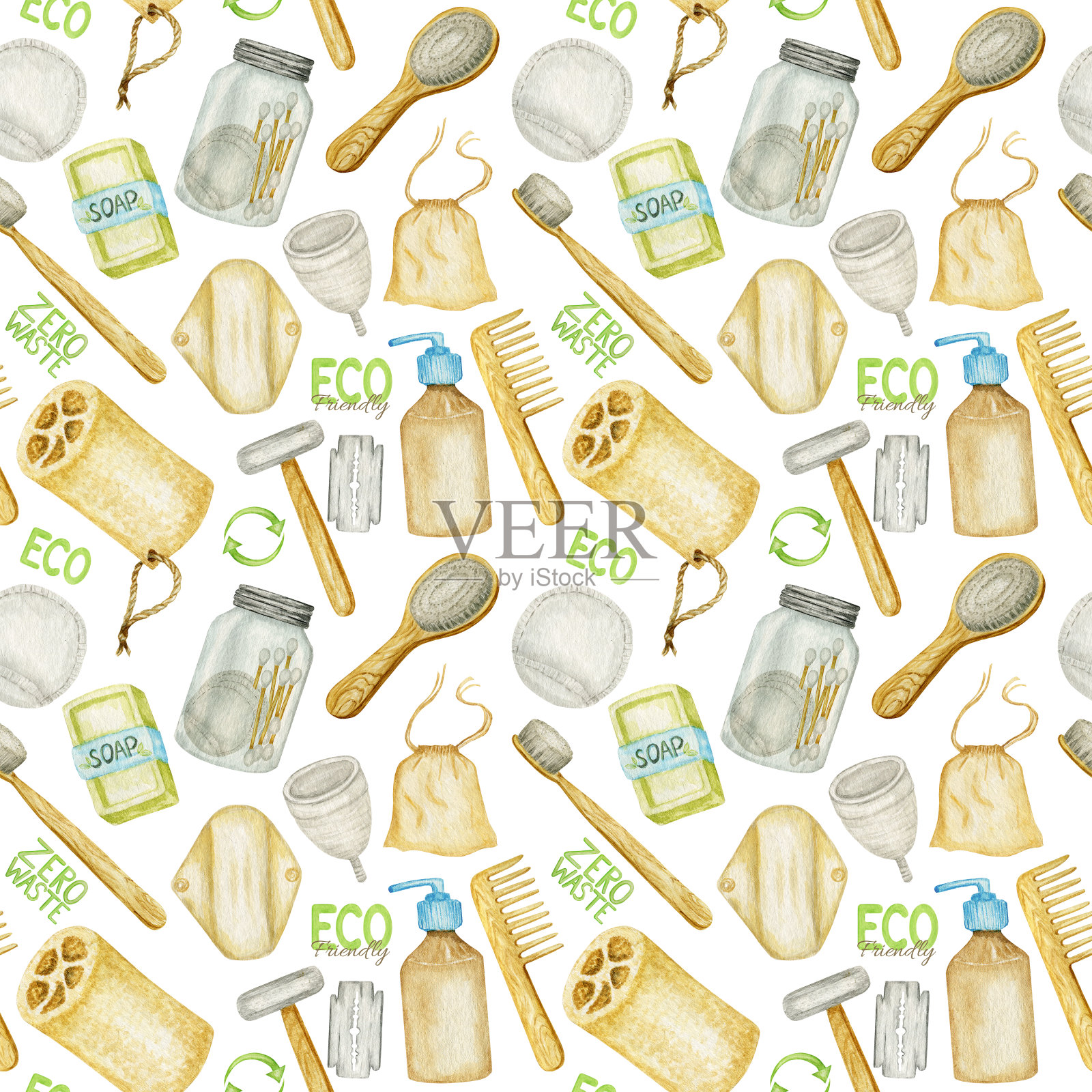 浴室配件零浪费无缝图案。天然剑麻刷,竹木梳,安全剃须刀,固体肥皂,洗发棒,玻璃容器内可重复使用的棉垫。环保卫生的概念插画图片素材