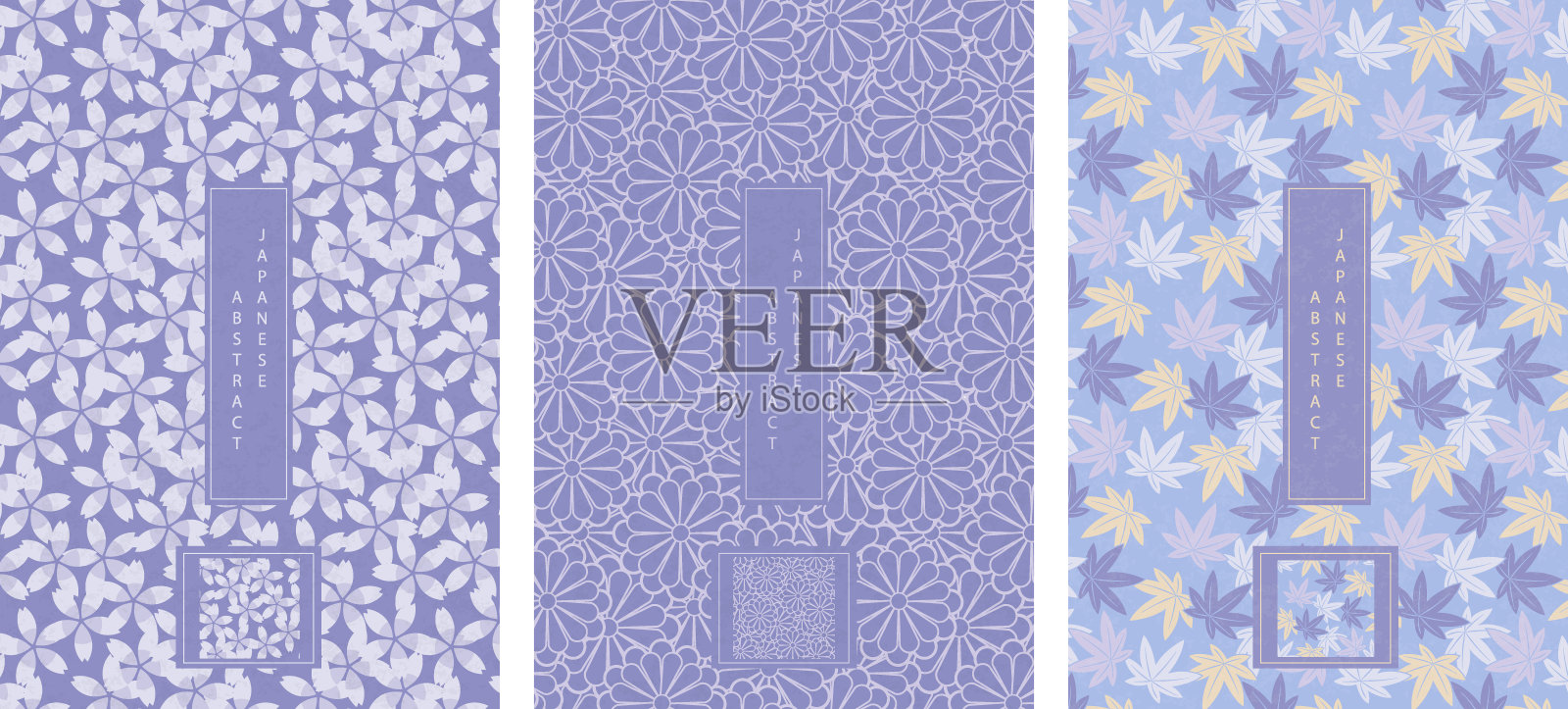 东方日式抽象无缝图案背景设计紫色薰衣草色花朵和枫叶插画图片素材