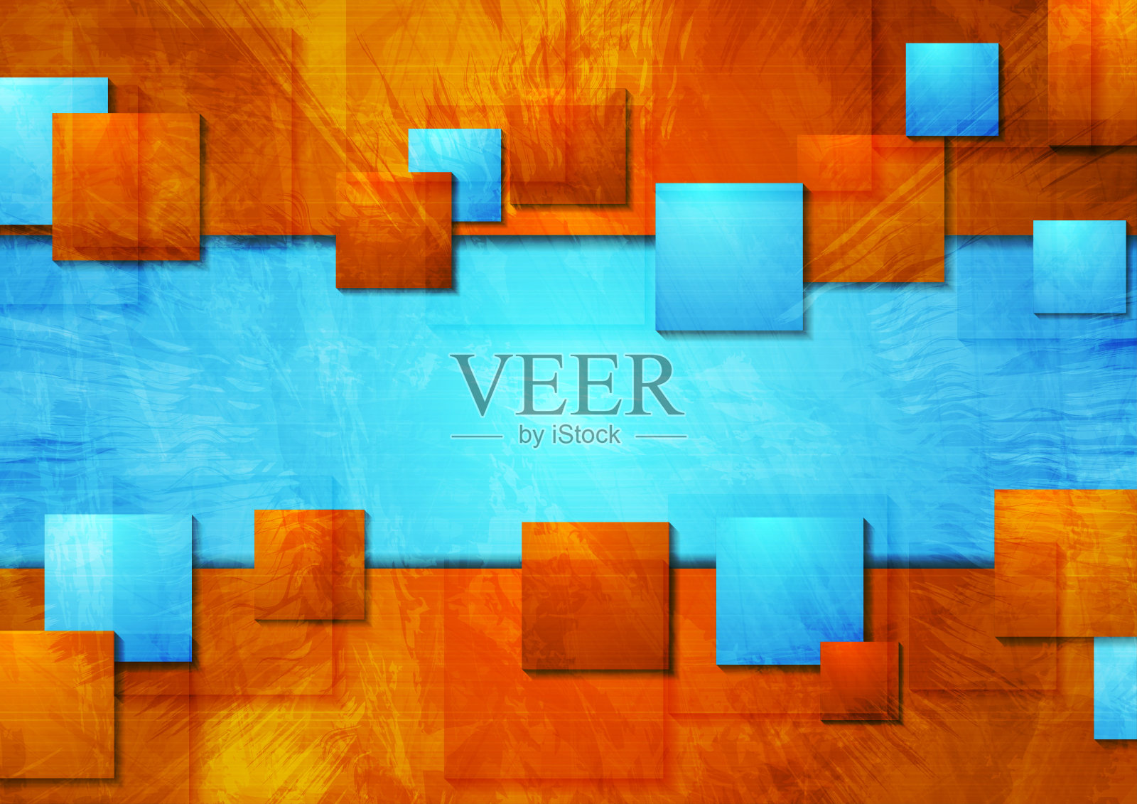 明亮的青色和橙色grunge背景与方块插画图片素材