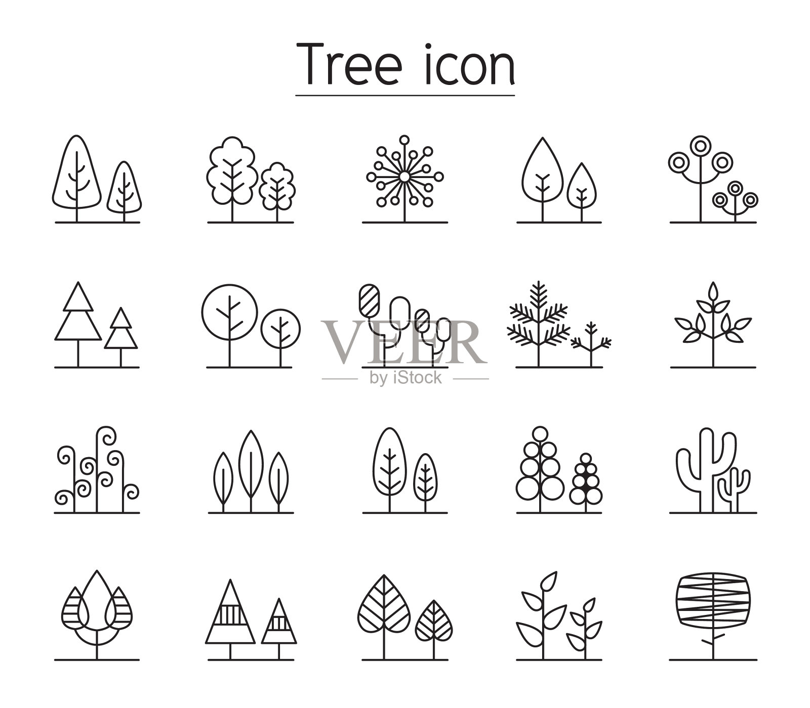 树图标设置在细线风格图标素材