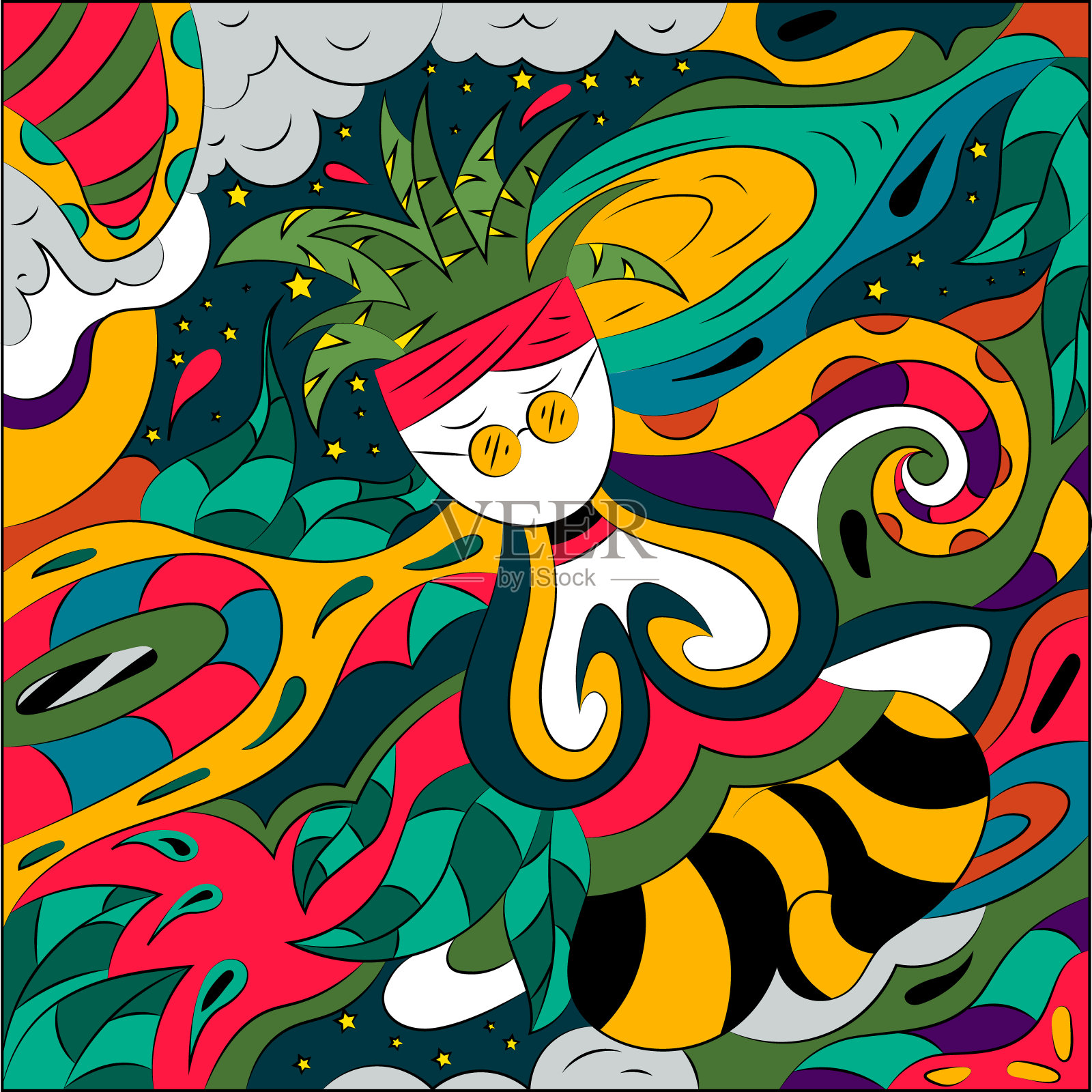 抽象插图与瑜伽在莲花的位置。超现实的背景在充满活力的颜色。插画图片素材