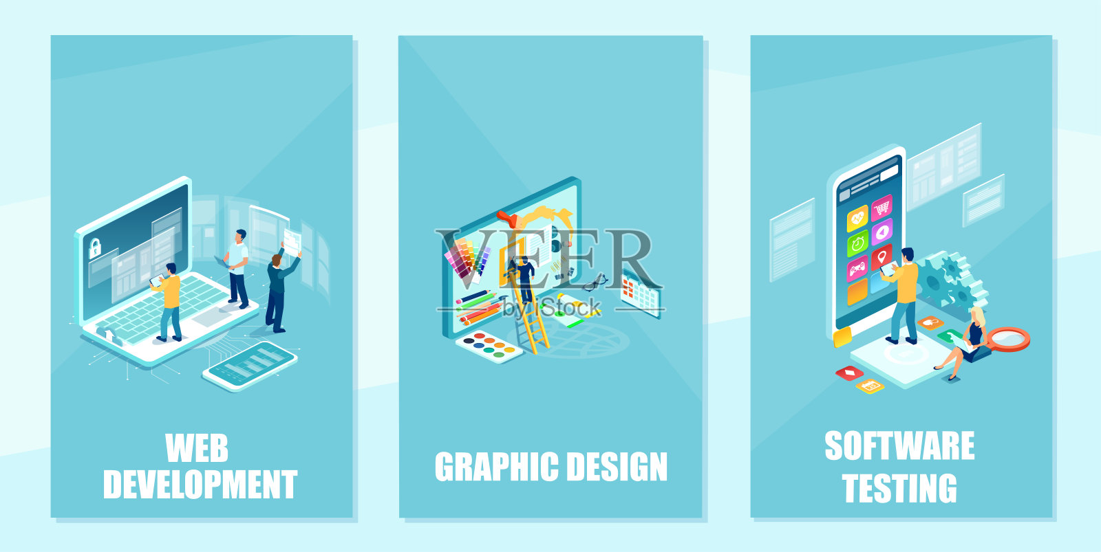 向量集的IT团队和图形设计师开发网站,编程,编码修复错误和测试移动应用程序插画图片素材