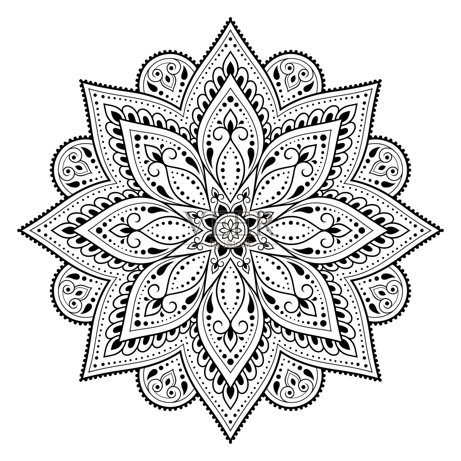 圆形曼陀罗的形式与花为指甲花,曼海蒂,纹身,装饰。具有民族东方风格的装饰装饰。轮廓涂鸦手绘矢量插图。插画图片素材