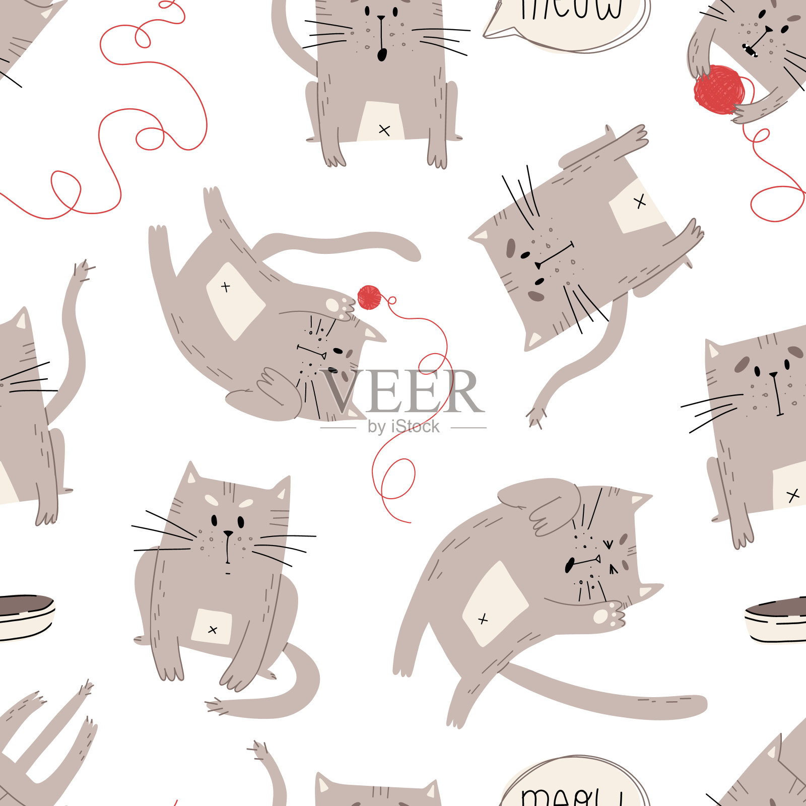 可爱的手绘猫在不同的心情和娱乐无缝模式上孤立的背景。矢量插图墙纸,包装纸,覆盖,纺织品,织物,打印和其他设计。插画图片素材