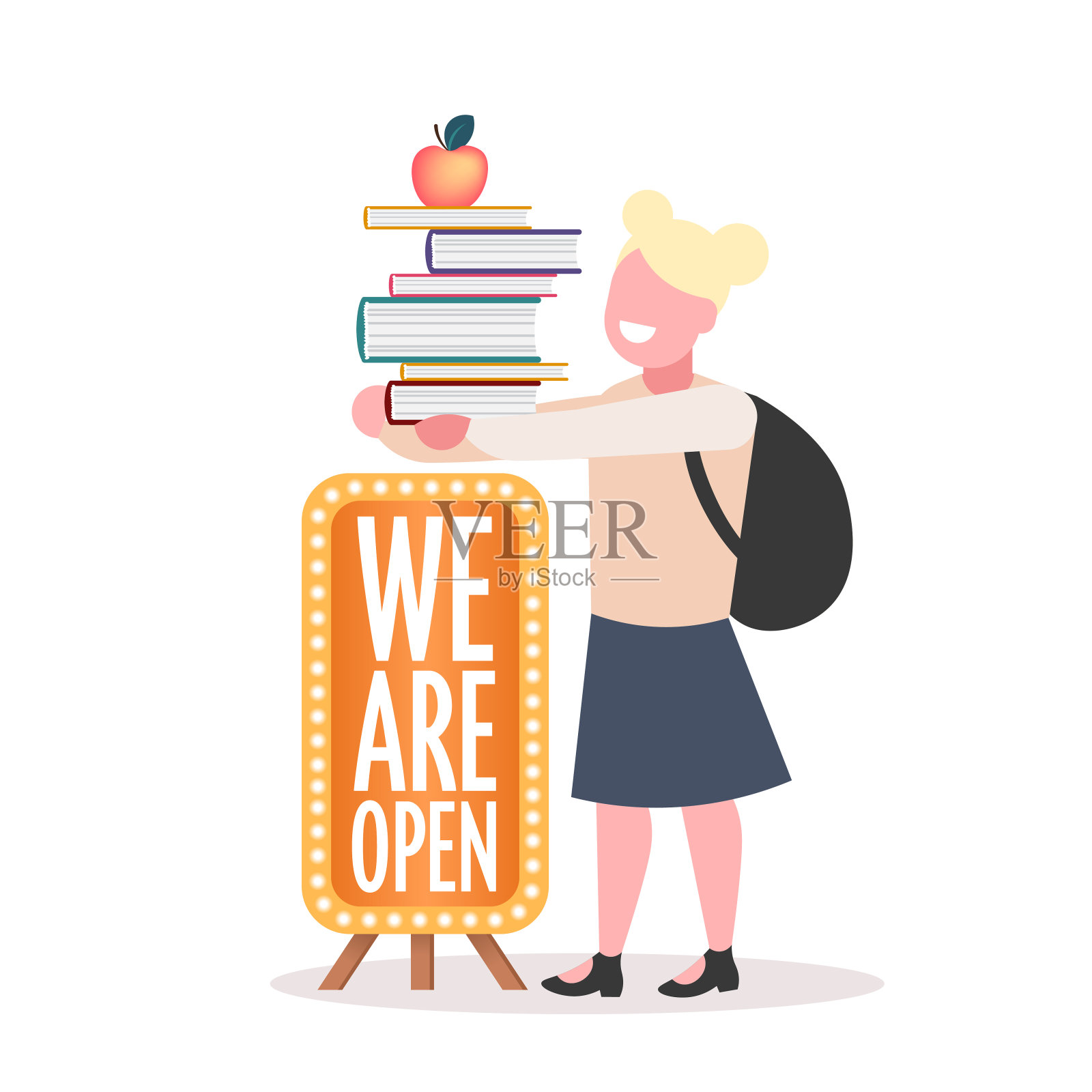 女学生背着书包拿着书堆我们正开着板子隔离冠状病毒完毕返校插画图片素材